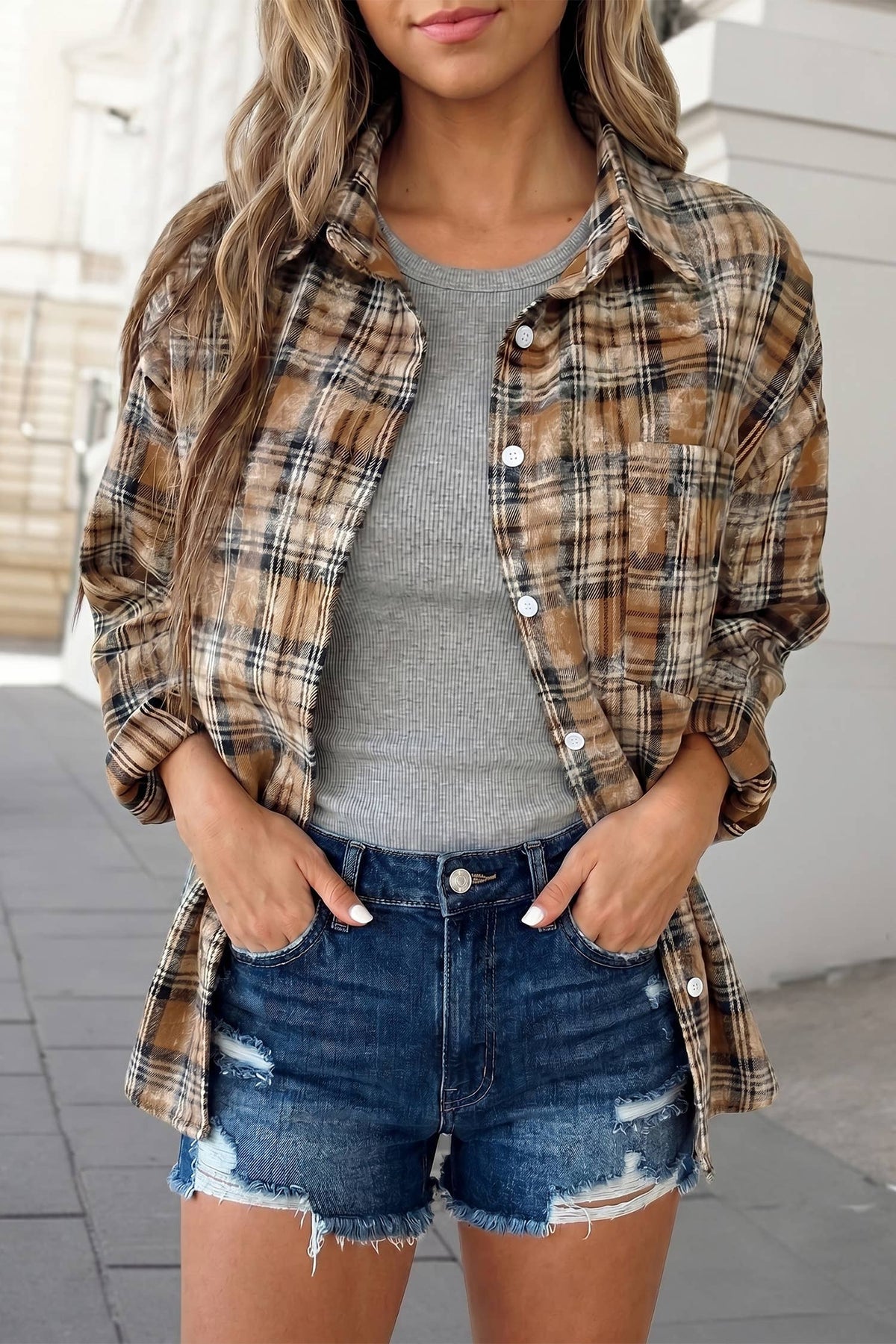 Western Plaid Collared Long Sleeve Shirts Brown