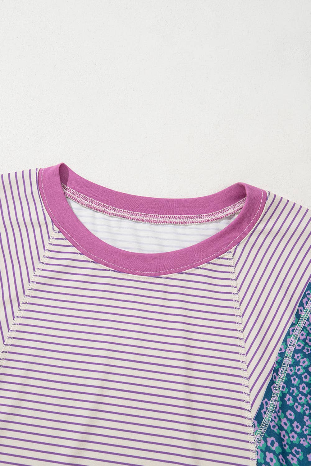 Stripe Floral Raw Edge Patchwork Bracelet Sleeve Top