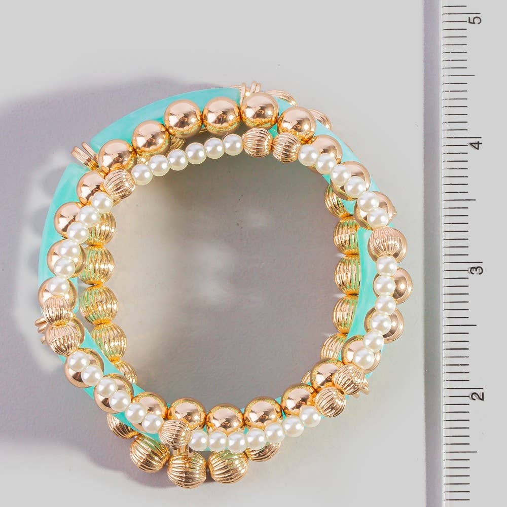 Resin Bar And Gold Bead Stretch Bracelet Set: WHITEGD