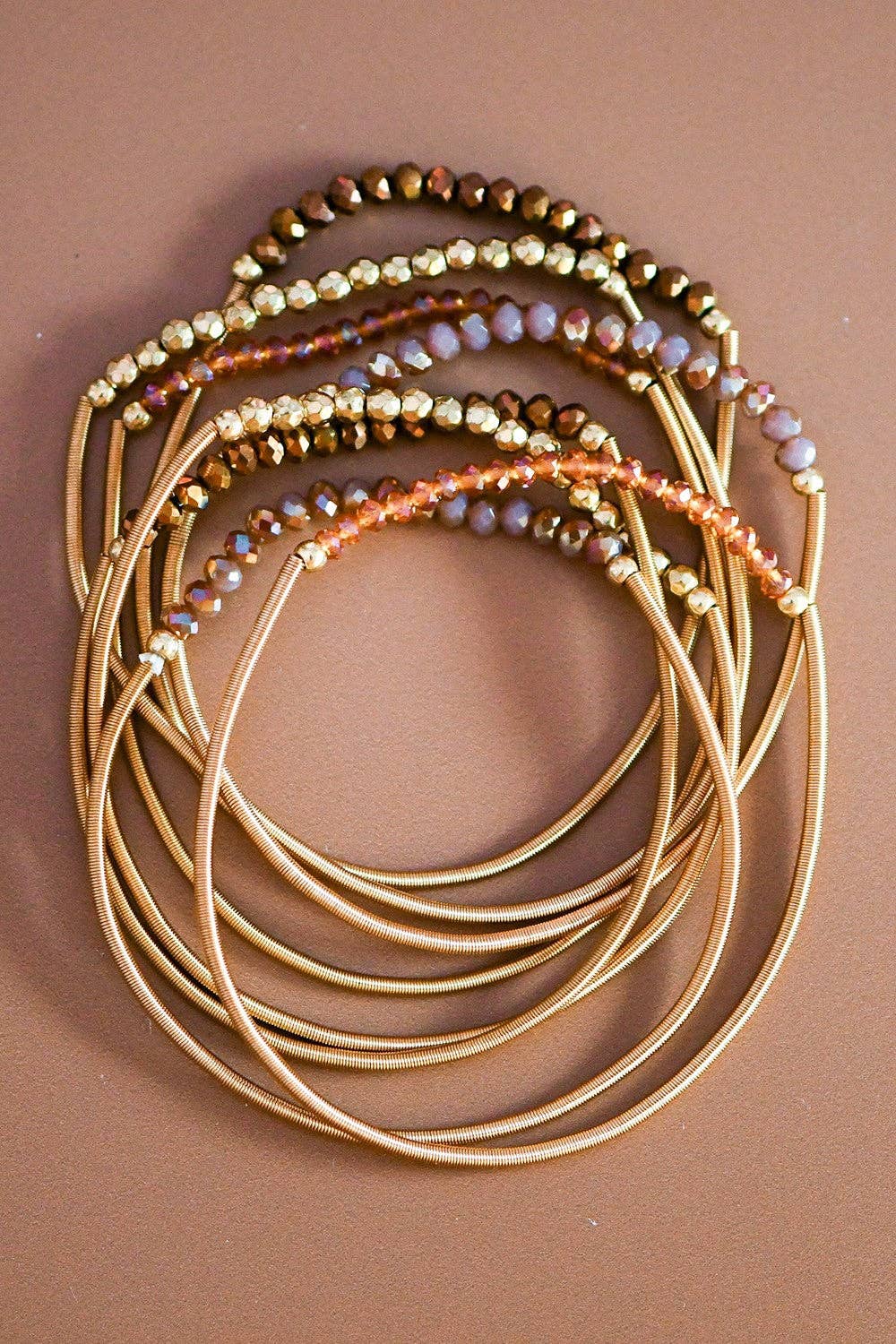 Boho Layered Spring Coil Guitar String Bracelet Set - 6964: S0OX3T6964 Brown Set