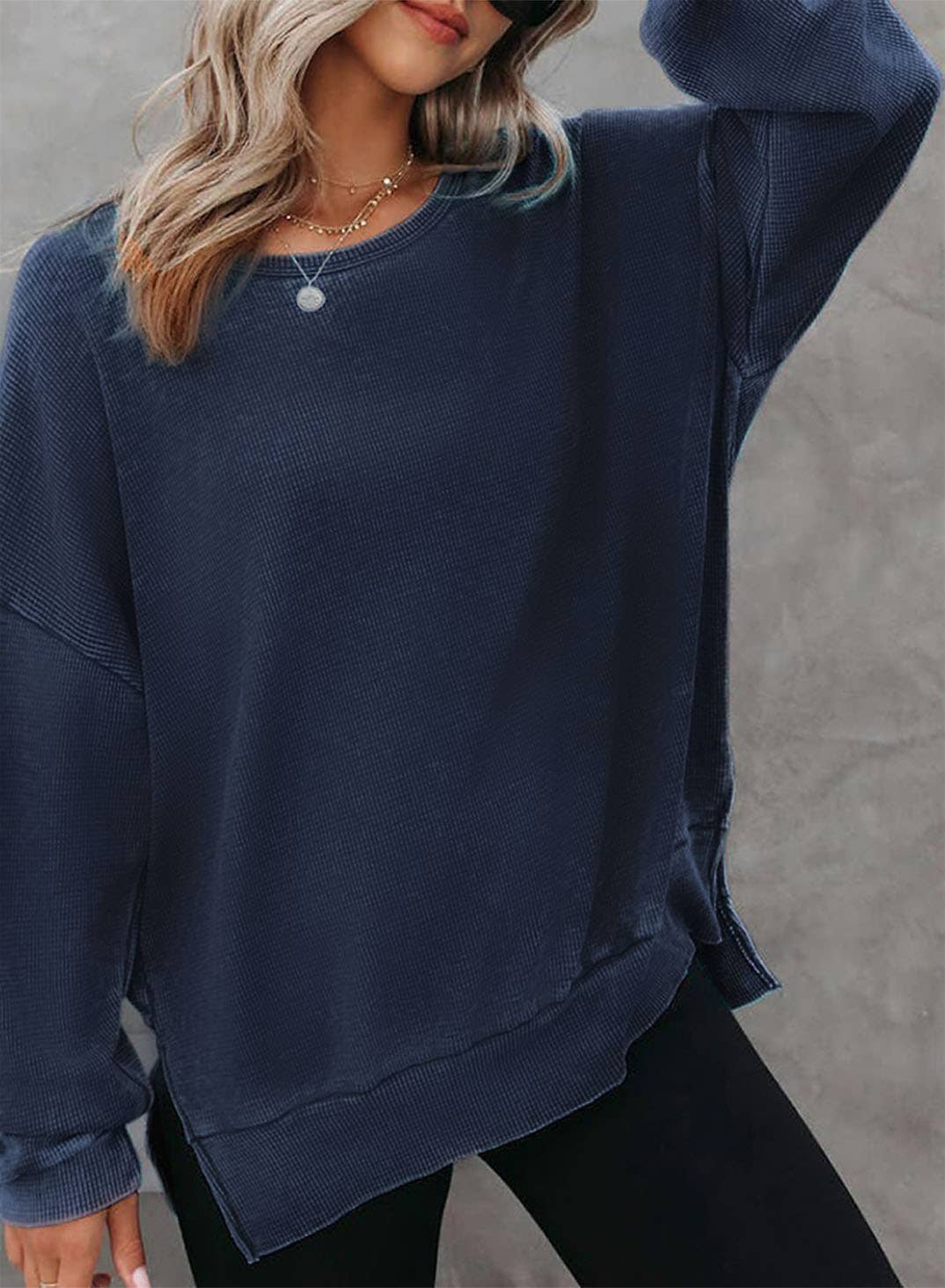 Solid Waffle Knit Pullover Oversized Crew Neck Top: Grey / 35%Cotton+65%Polyester / S