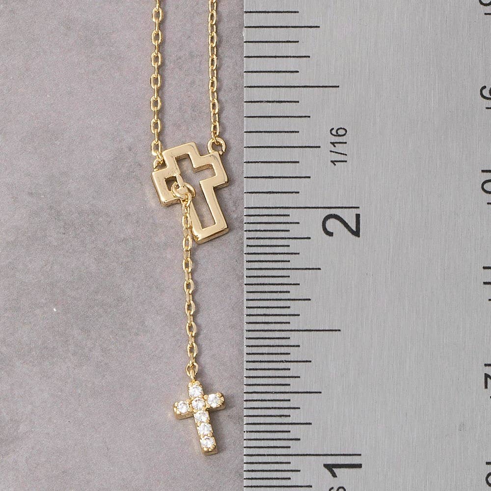 Sterling Silver Dipped Cz Double Cross Y Necklace: GD