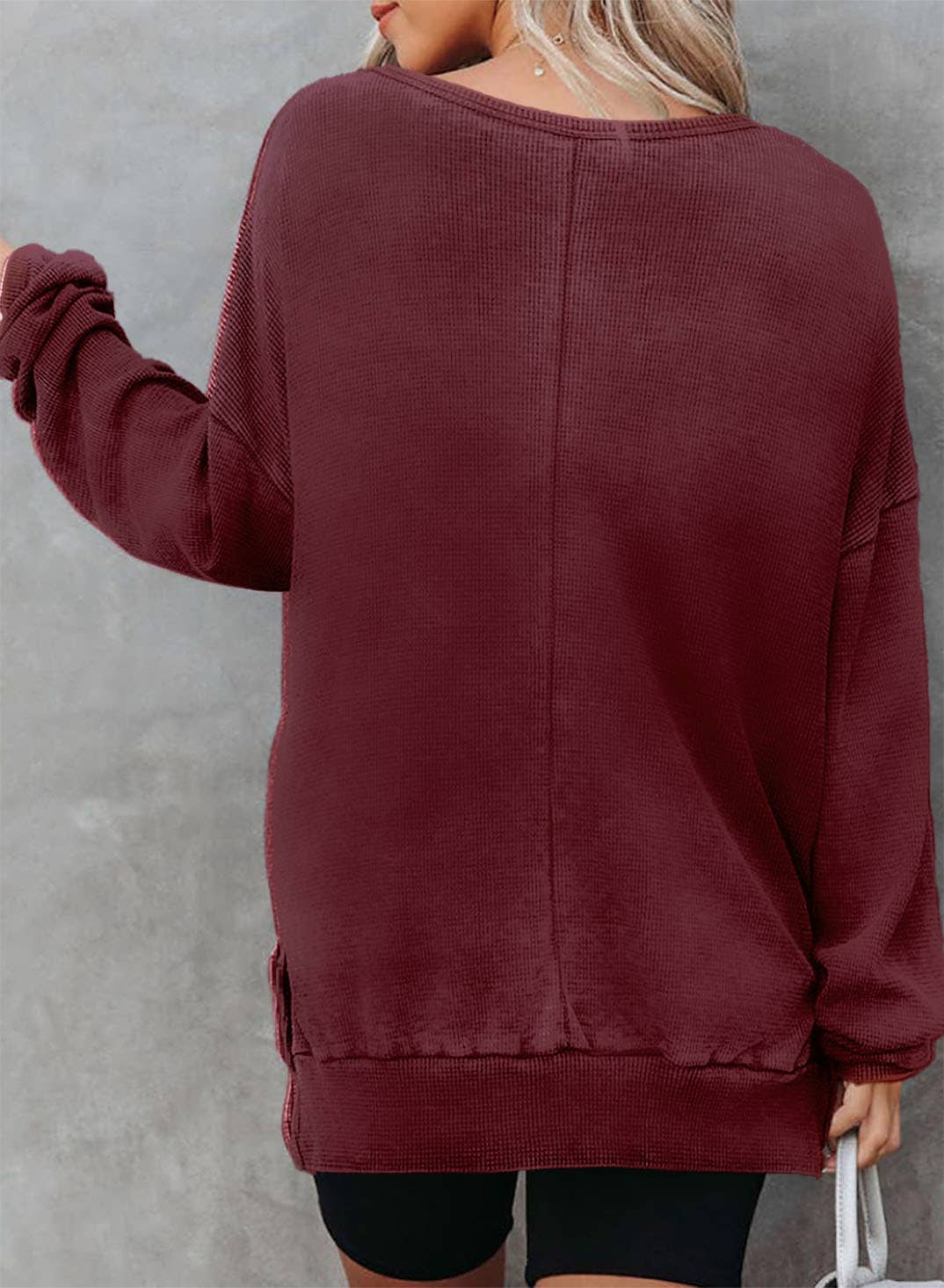 Solid Waffle Knit Pullover Oversized Crew Neck Top: Grey / 35%Cotton+65%Polyester / S