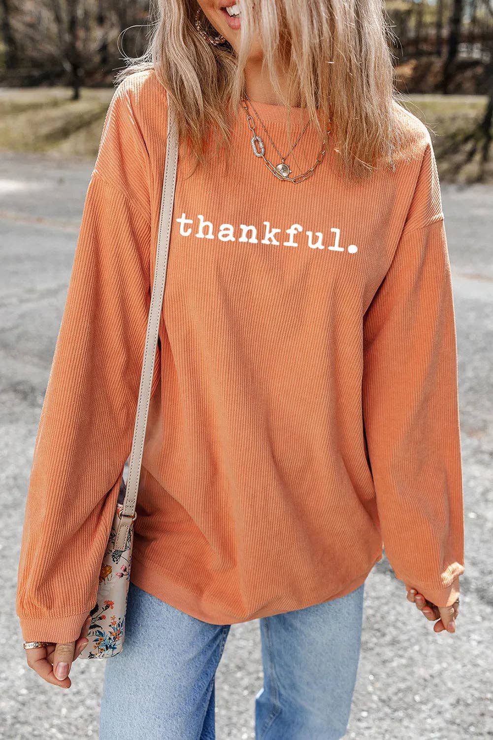 Orange Thankful Ribbed Crew Neck Thanksgiving Sweatshirt: Orange-3 / 100%Polyester