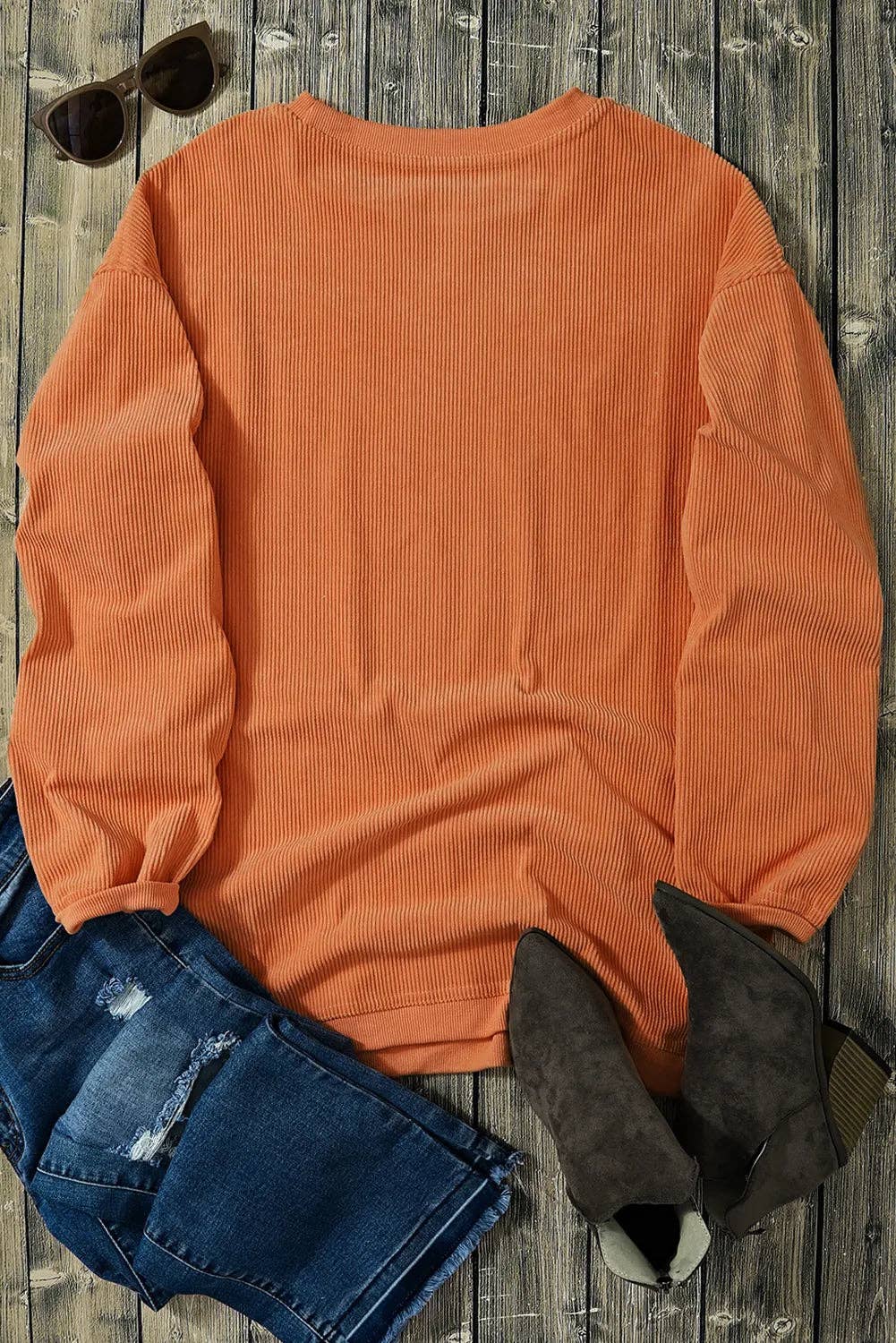Orange Thankful Ribbed Crew Neck Thanksgiving Sweatshirt: Orange-3 / 100%Polyester