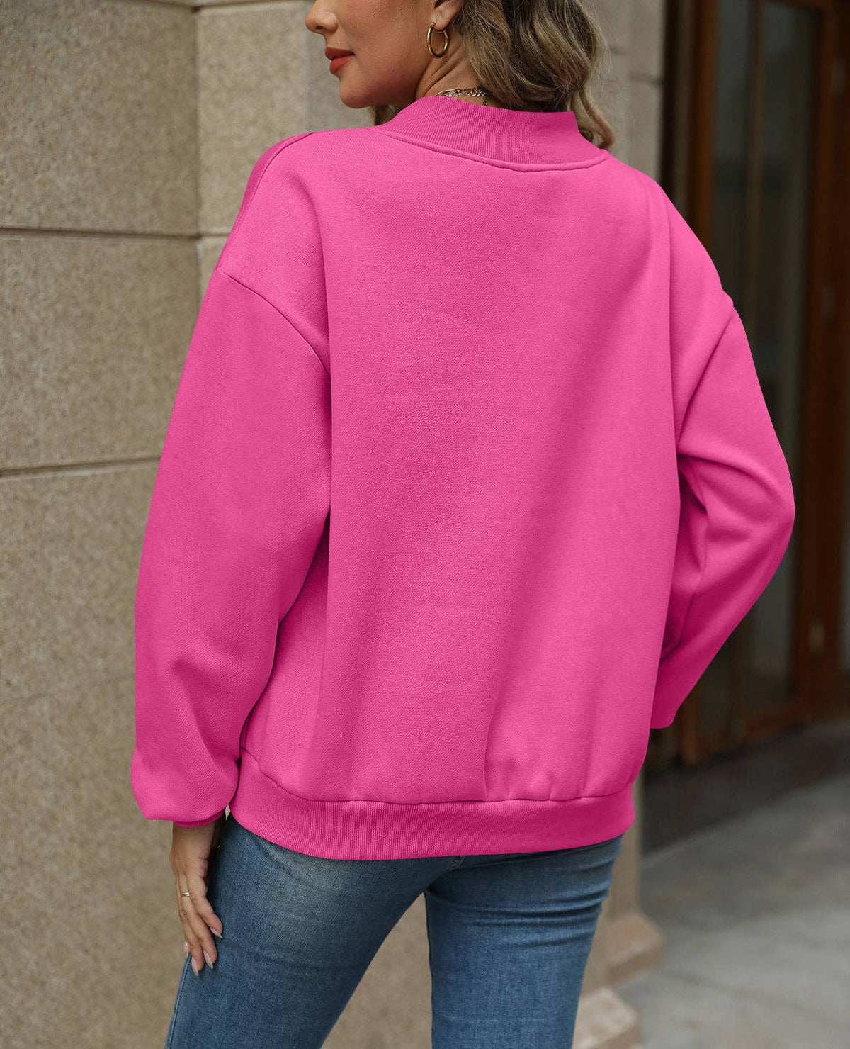 Solid Sweatshirt Casual Oversized V-Neck Pullover: Magenta / 35%Cotton+65%Polyester