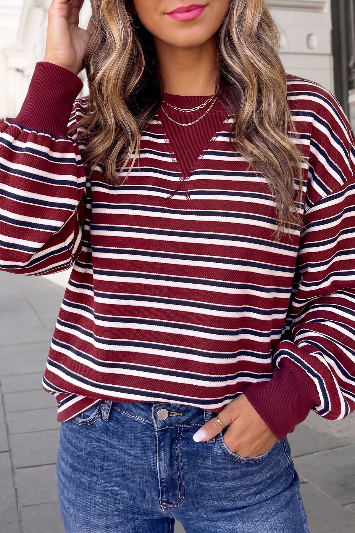 Striped Crew Neck Puff Sleeve Pullover Top | S-XL : Red Stripe