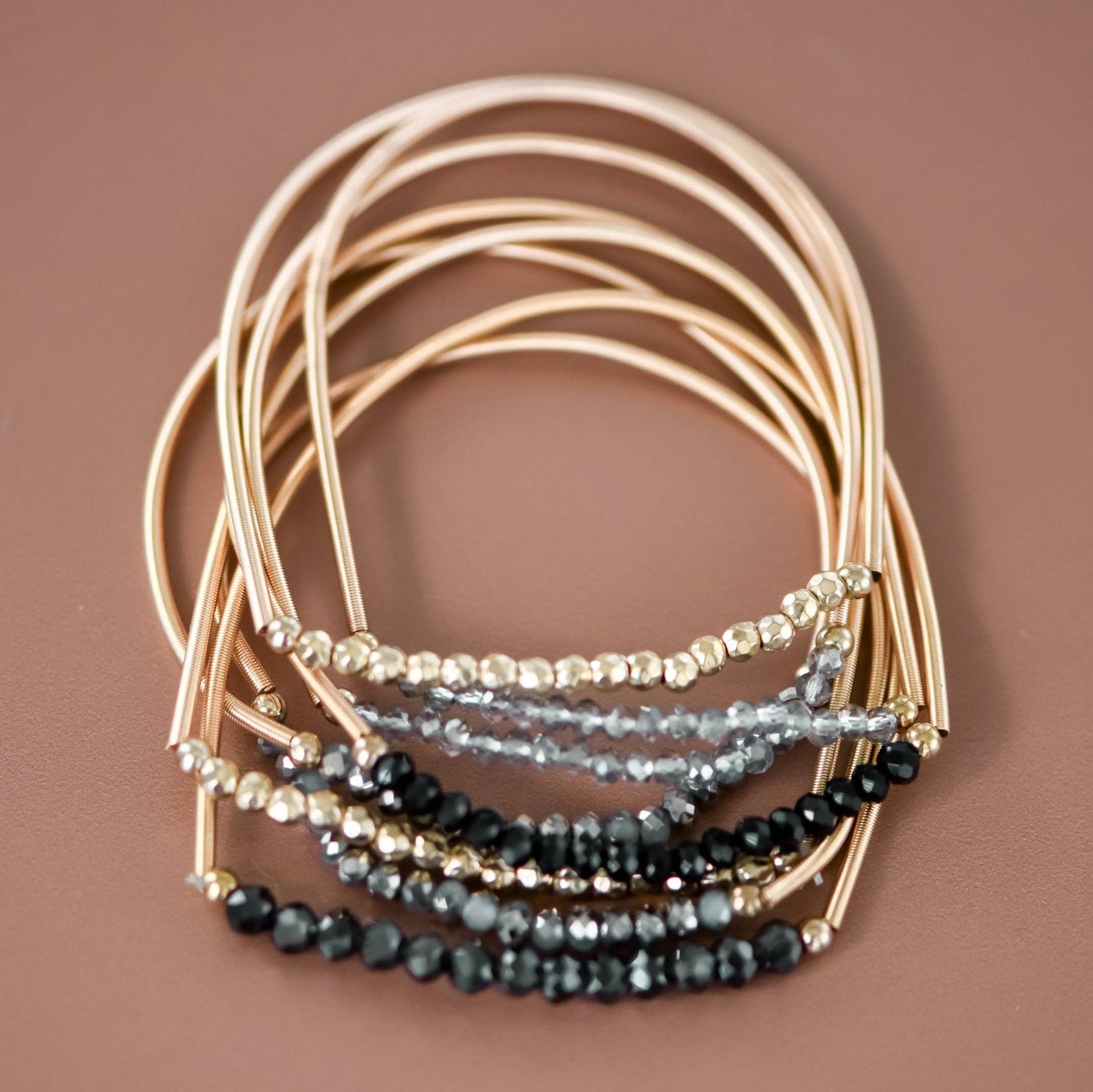 Boho Layered Spring Coil Guitar String Bracelet Set - 6962: S0OX3T6962 Black Set