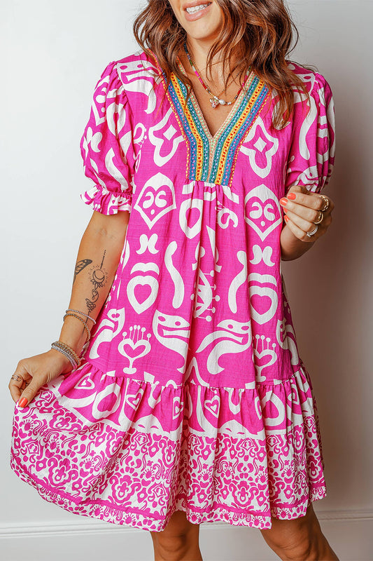 Boho Mixed Print Contrast Trim V Neck Mini Dress