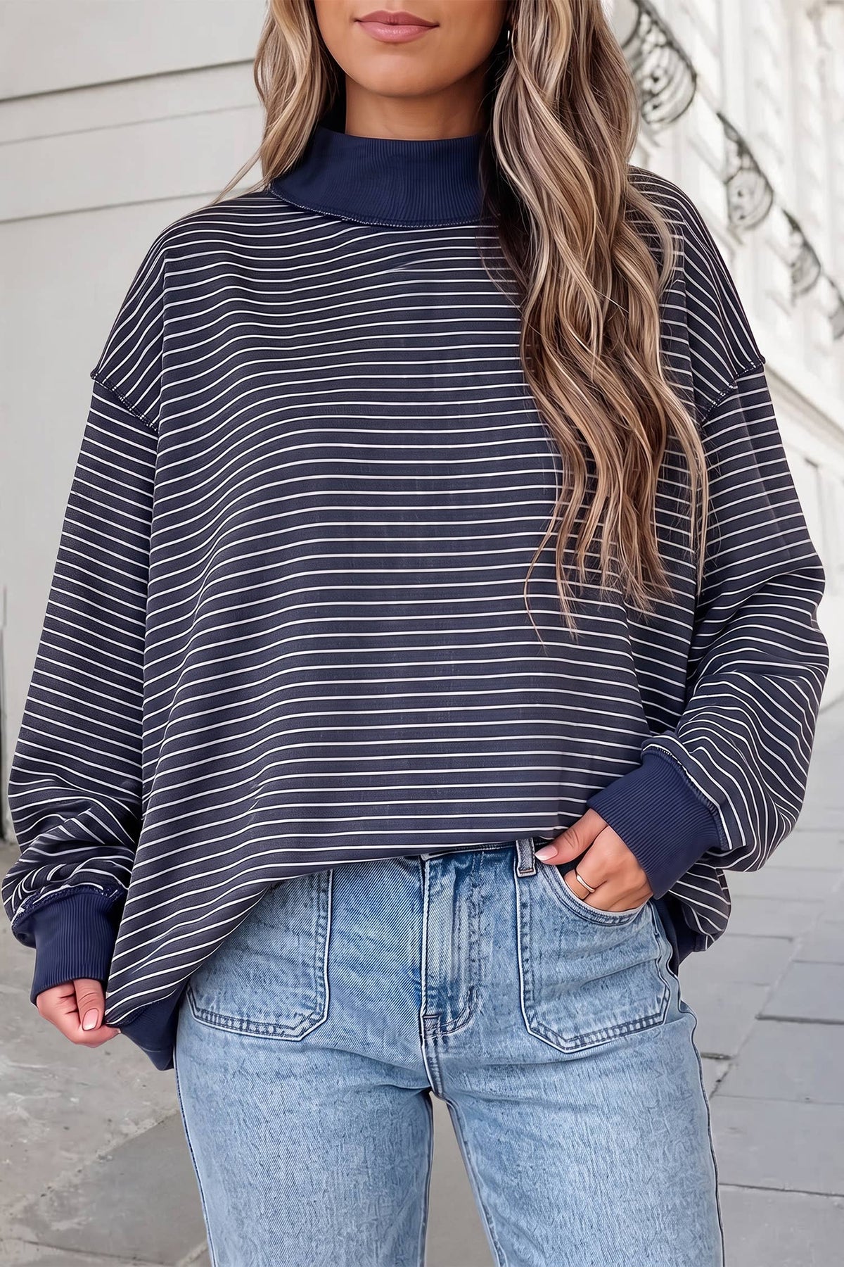 Striped Mock Neck Oversized Sweatshirt | S-XL : Green Stripe
