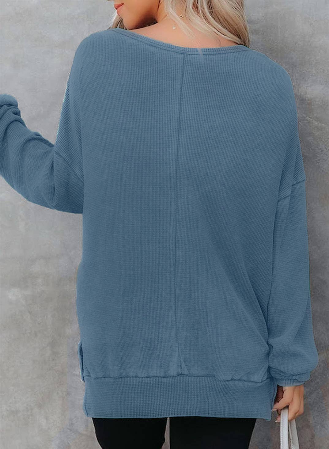 Solid Waffle Knit Pullover Oversized Crew Neck Top: Grey / 35%Cotton+65%Polyester / S