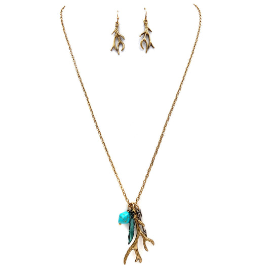Deer Antler Feather Arrow Turquoise Chain Necklace: Gold