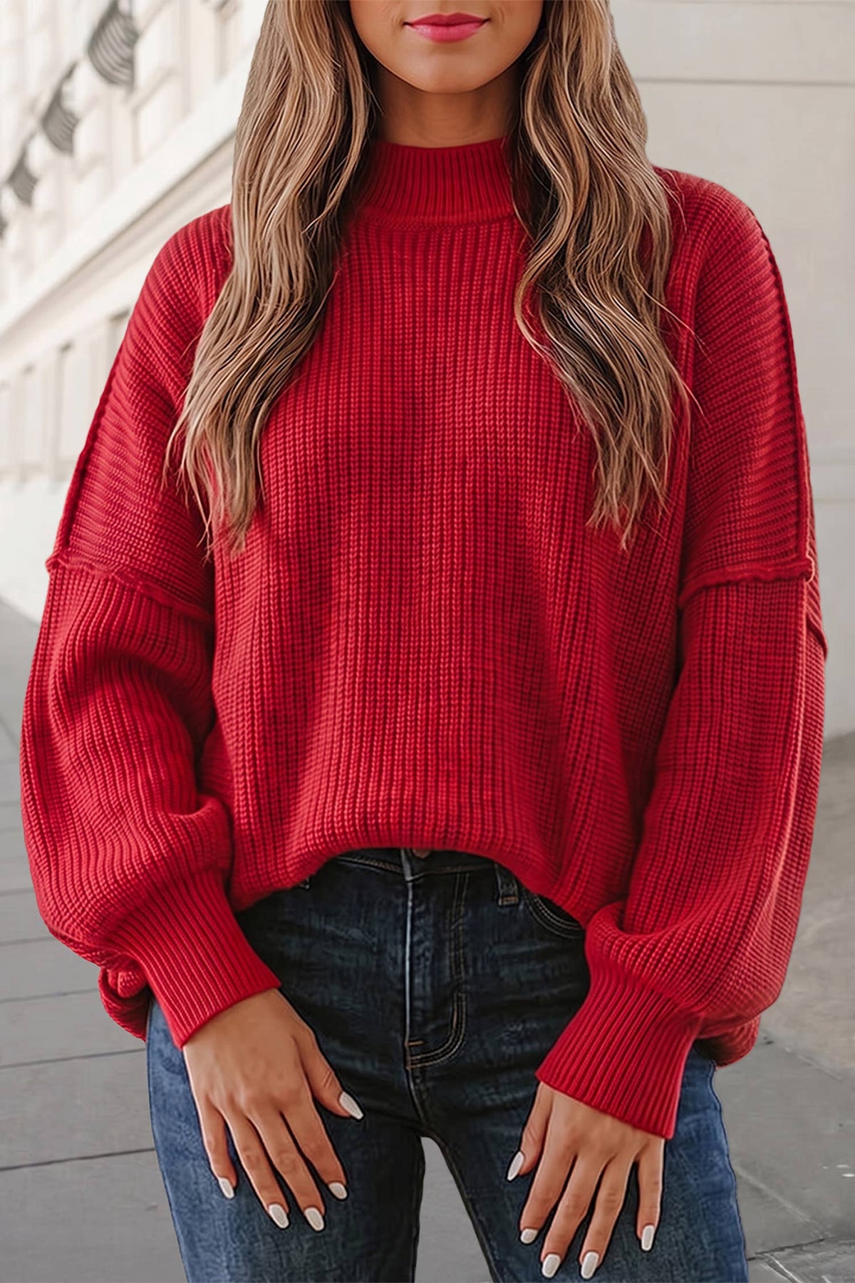 Christmas Mock Neck Puff Sleeve Sweater | S-XL: Red Dahlia