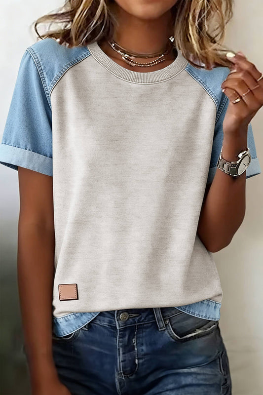 Denim Colorblock Patchwork Round Neck S/S 26 Tee | S-XL: Beige / L