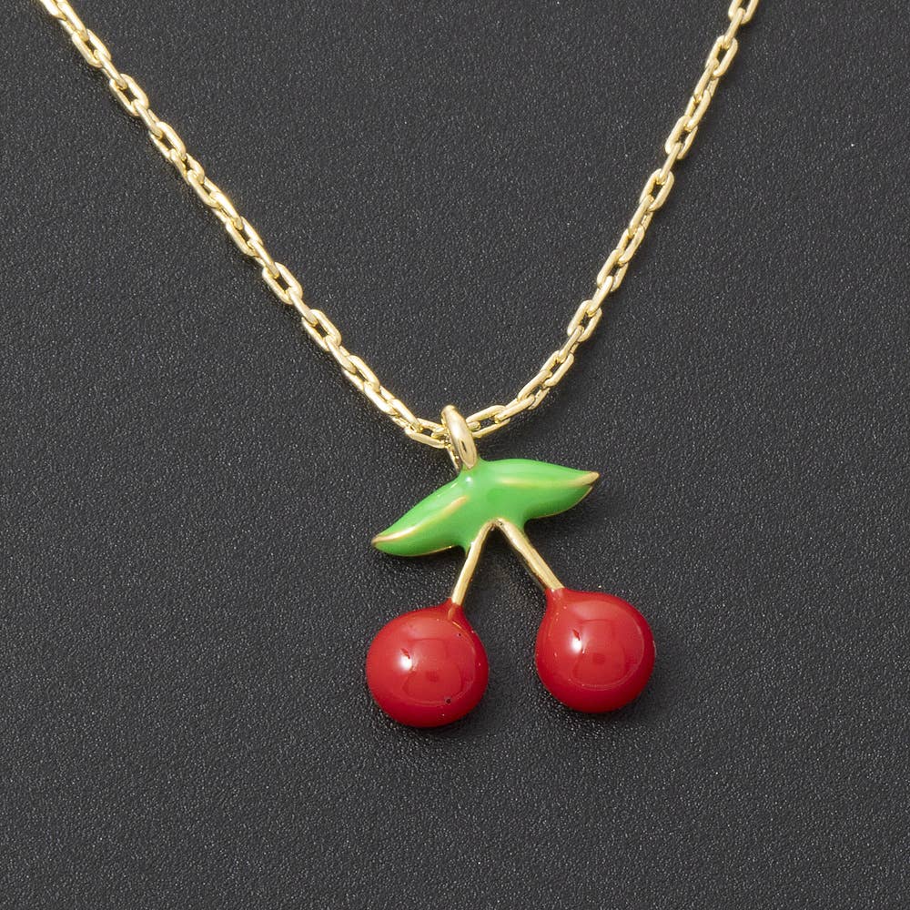 Enamel Cherry Pendant Necklace: GOLD
