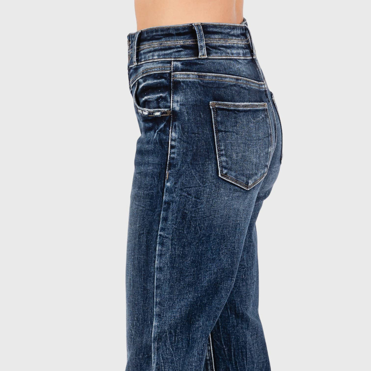 P1153F-DM HIGH RISE STRETCH  WIDE LEG FLARE W/ FRAYED HEM: #2
