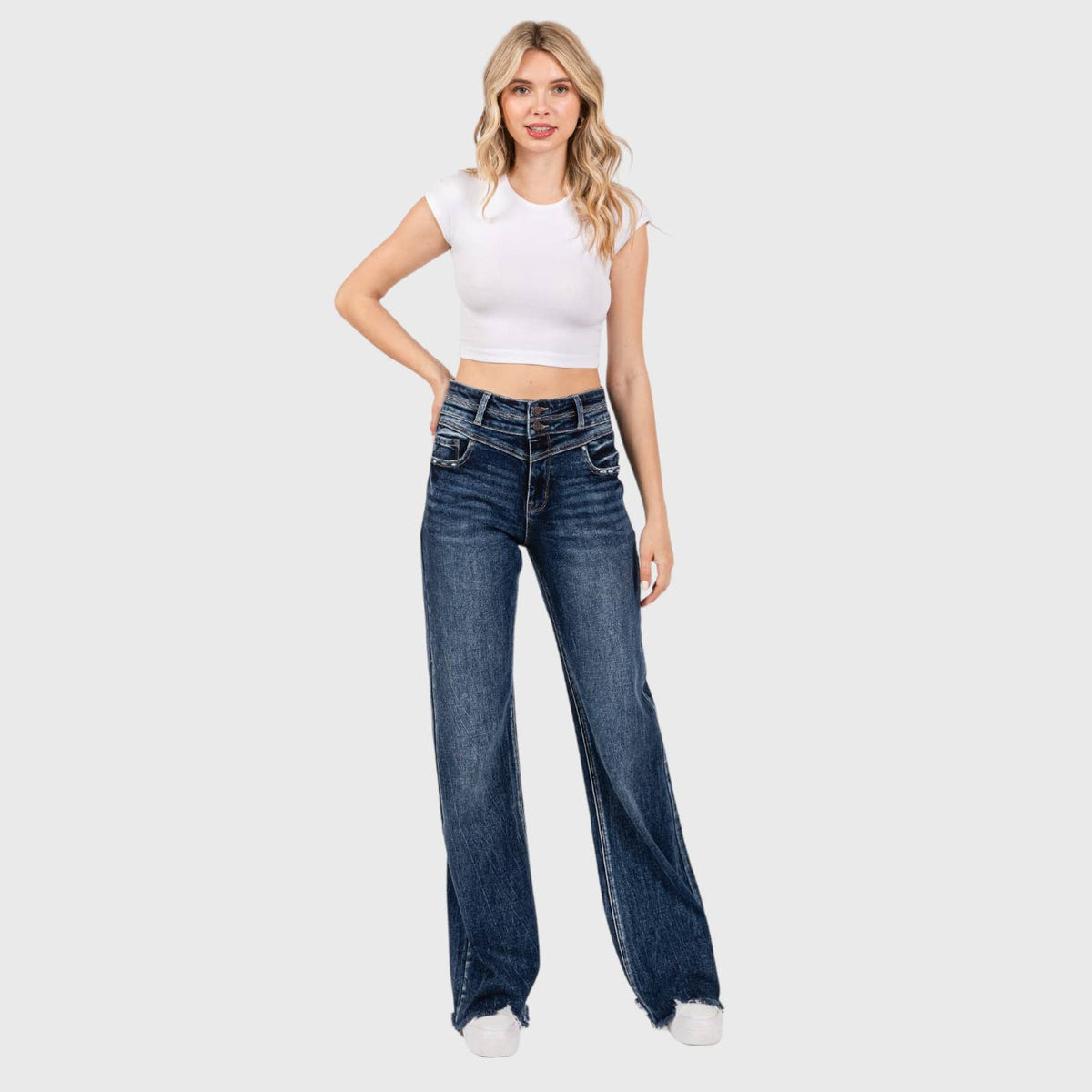 P1153F-DM HIGH RISE STRETCH  WIDE LEG FLARE W/ FRAYED HEM: #2