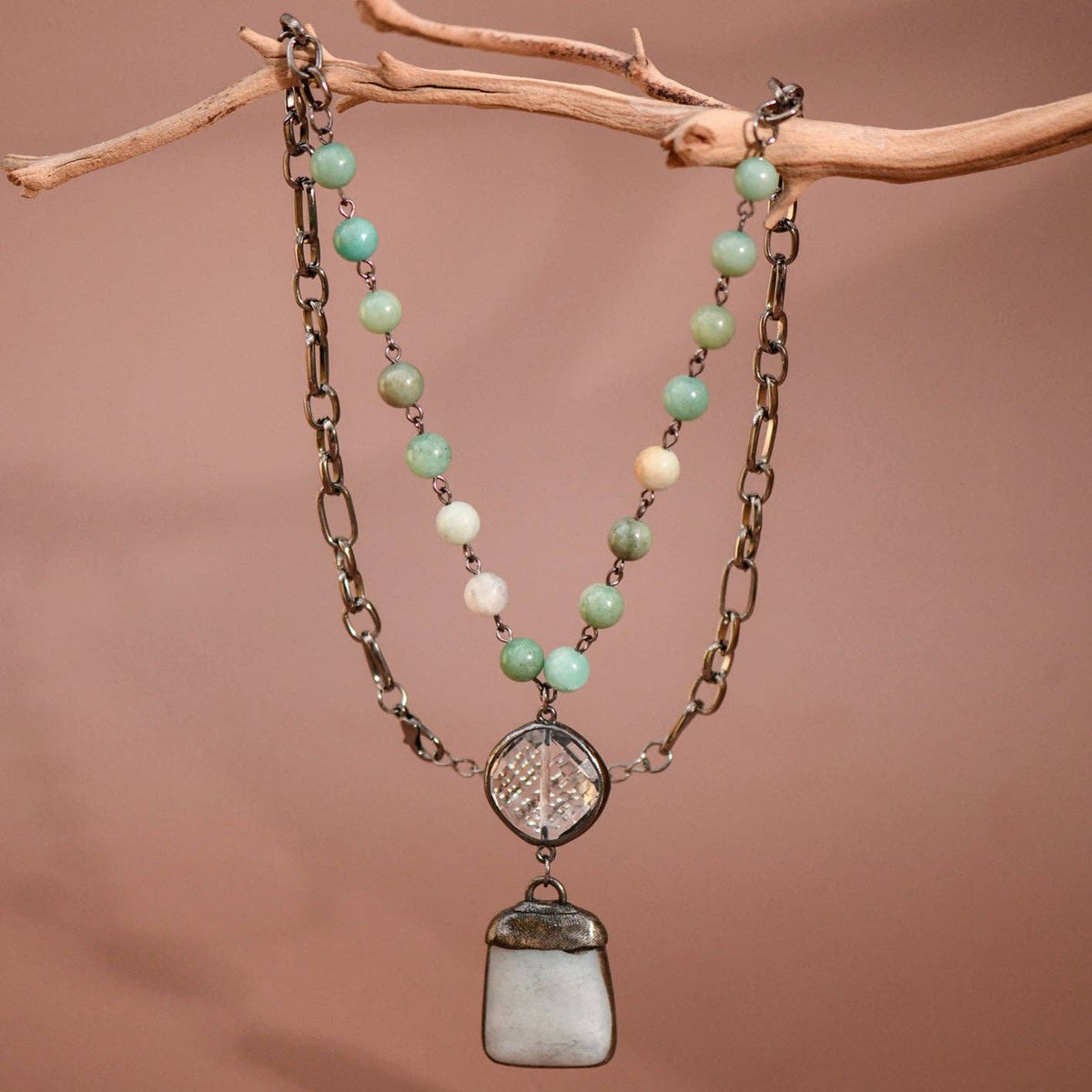 Natural Stone Pendant Beaded Chain Link Necklace - 6463: S0OX3T6463 Amazonite