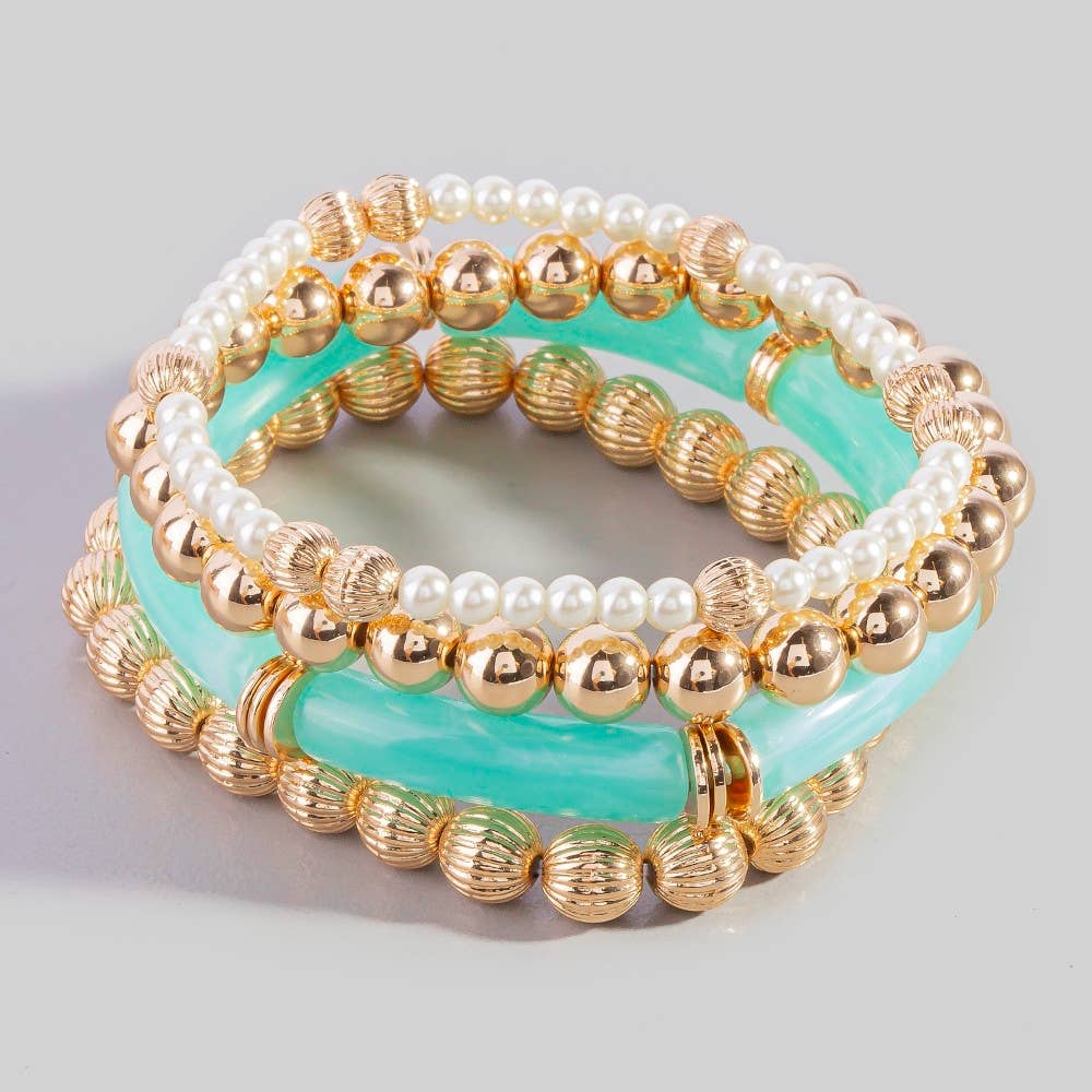 Resin Bar And Gold Bead Stretch Bracelet Set: WHITEGD
