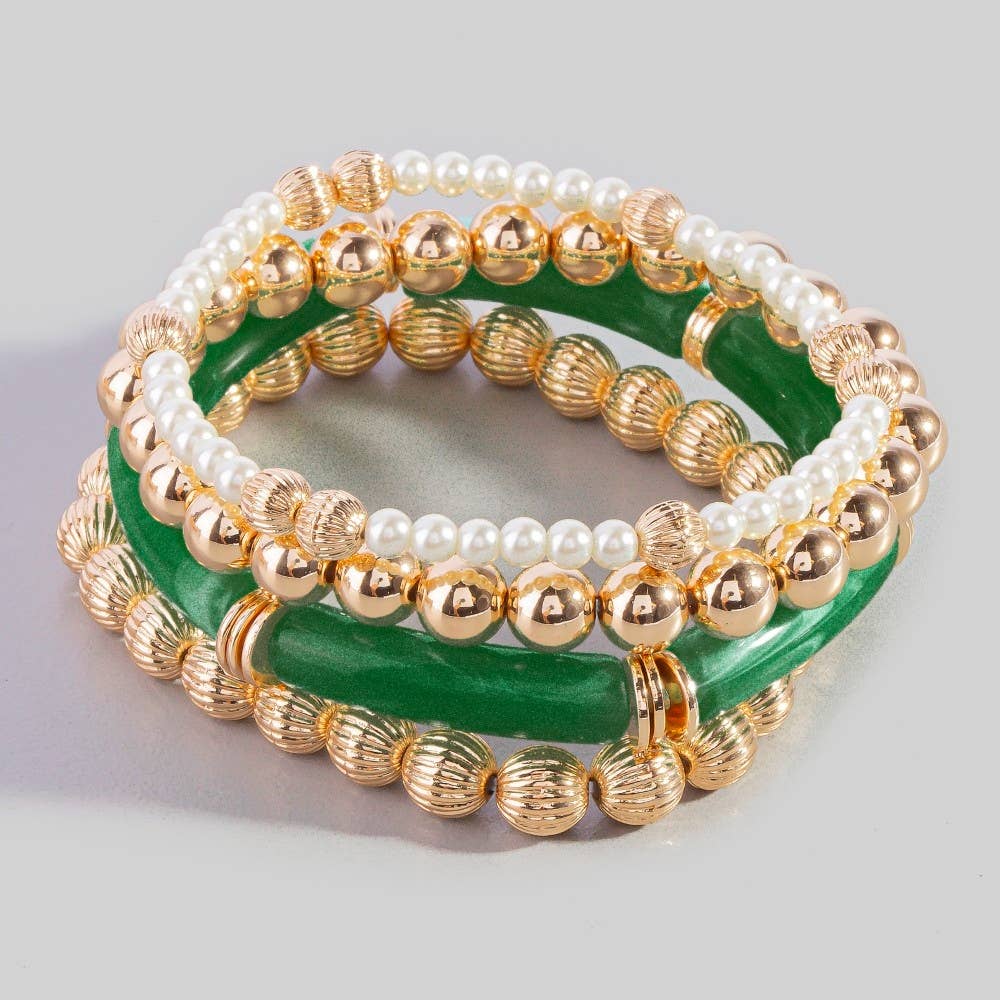 Resin Bar And Gold Bead Stretch Bracelet Set: WHITEGD