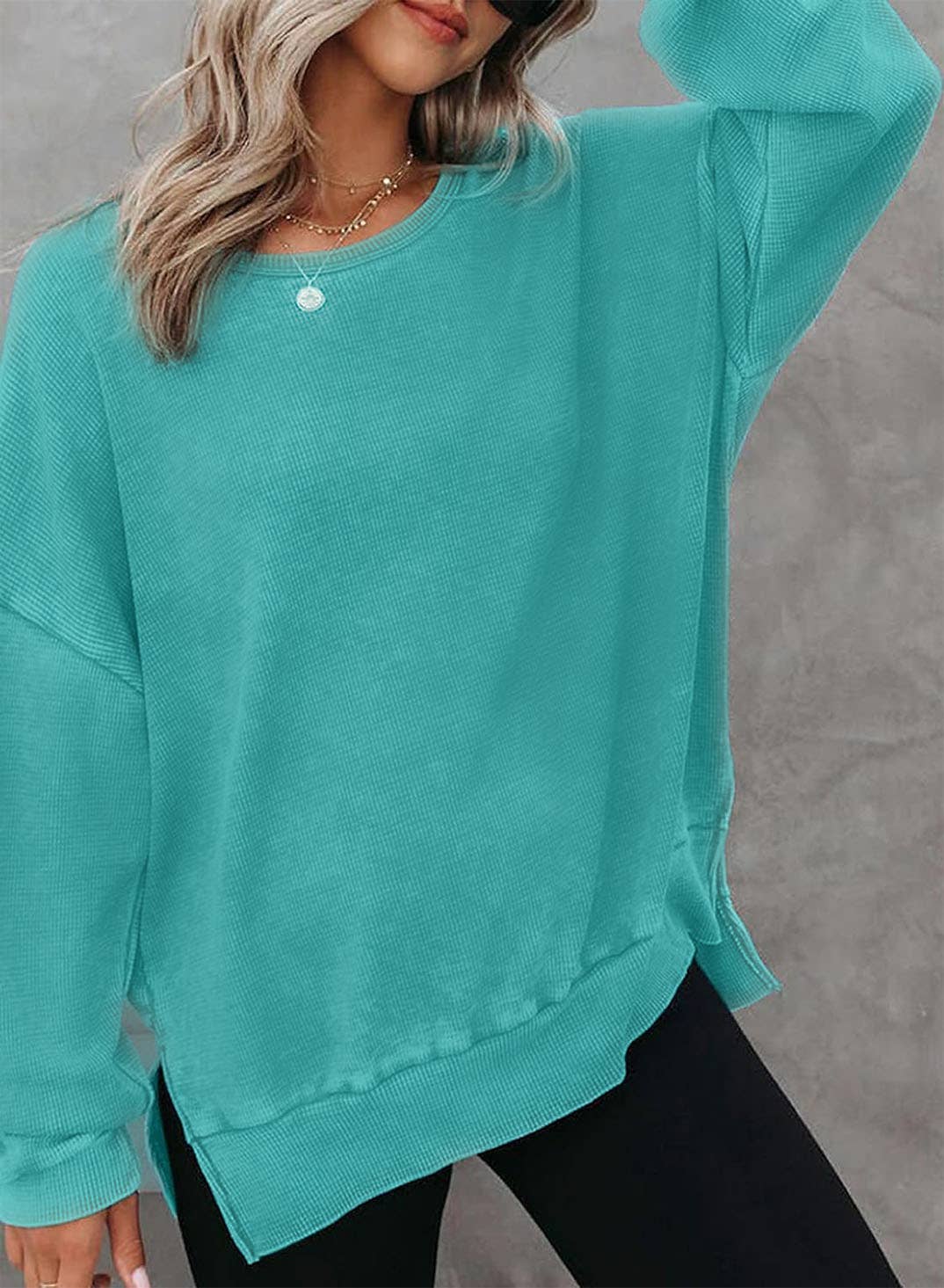 Solid Waffle Knit Pullover Oversized Crew Neck Top: Grey / 35%Cotton+65%Polyester / S