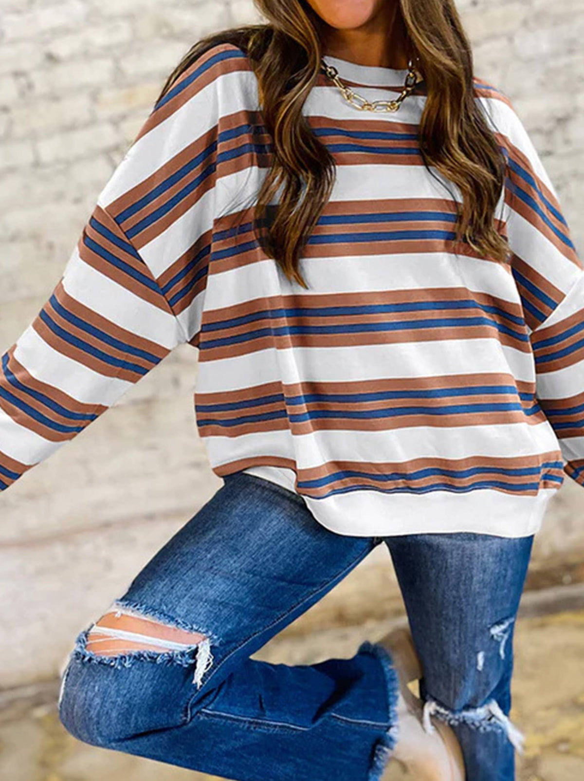 Color Blocking Round Neck Pullover Top: Red