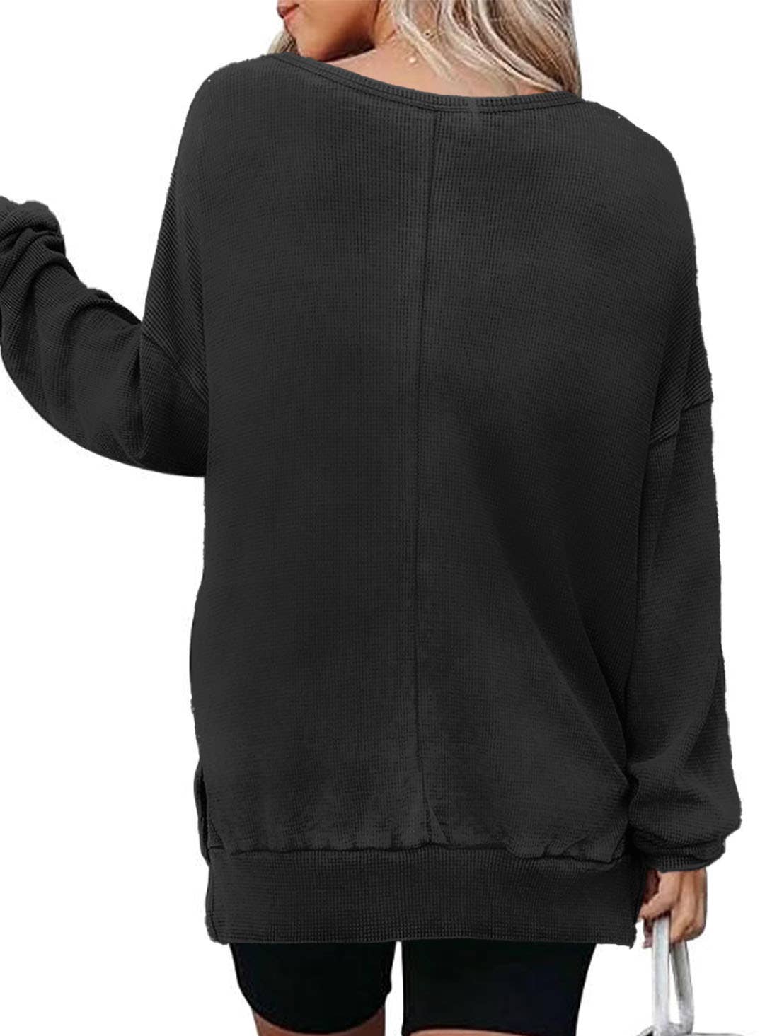 Solid Waffle Knit Pullover Oversized Crew Neck Top: Grey / 35%Cotton+65%Polyester / S