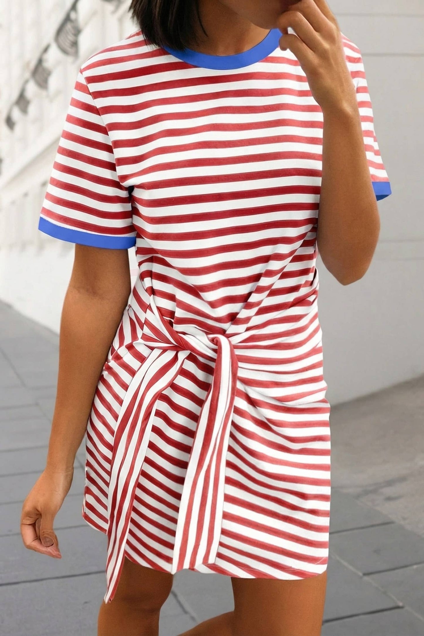 Striped Print Tie Waist T Shirt Mini Dress