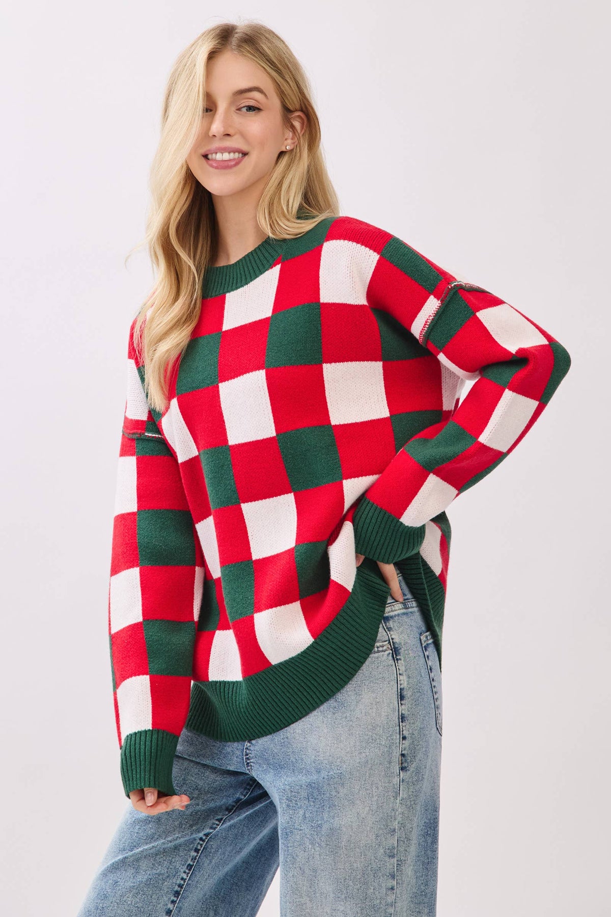 Oversized Buffalo Check Christmas Sweater: RED COMBO