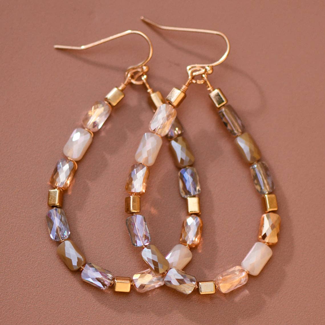 Teardrop Wire Beaded Glass Crystal Earrings - 8180: S0OX3T8180 Neutral Mix