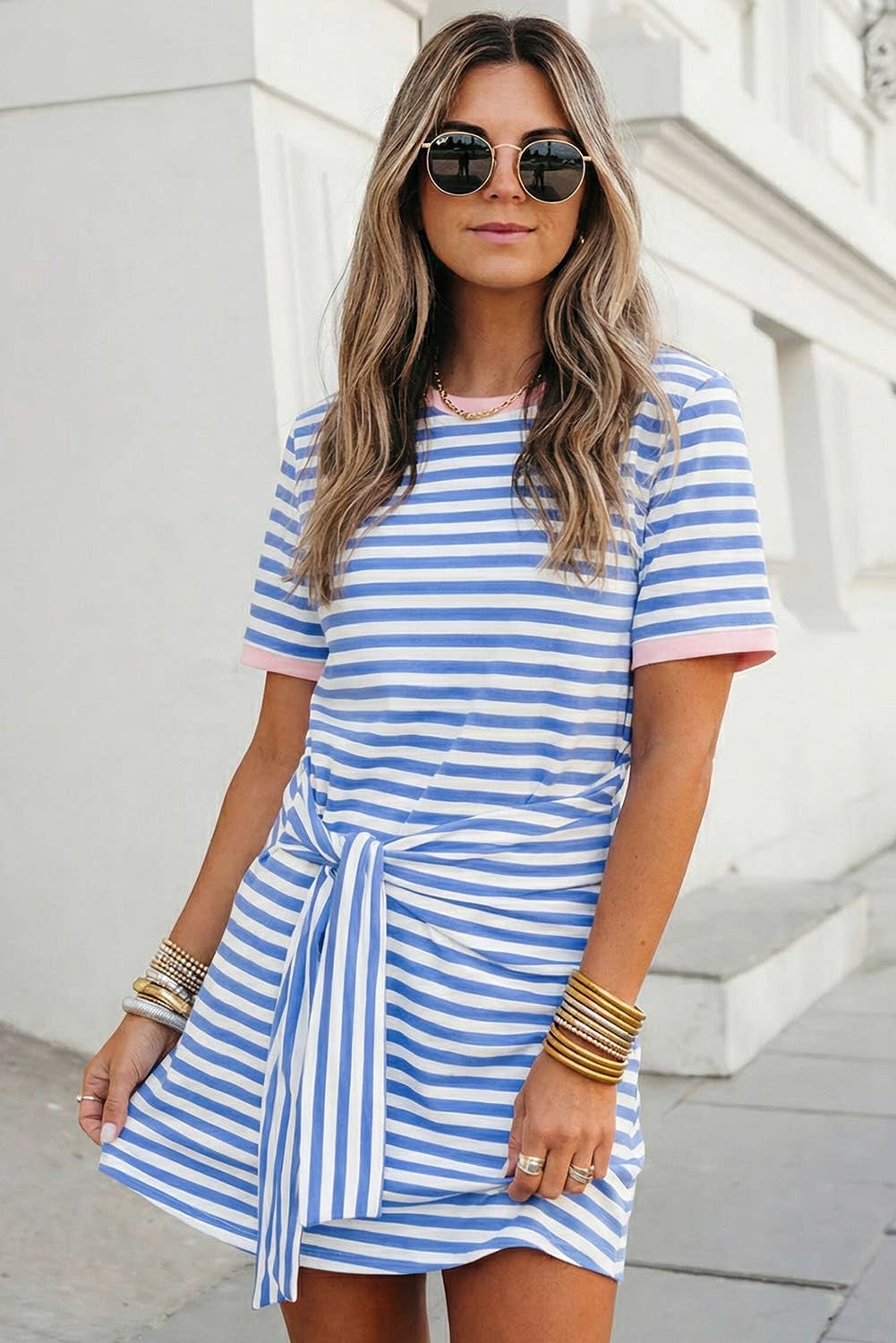 Striped Print Tie Waist T Shirt Mini Dress