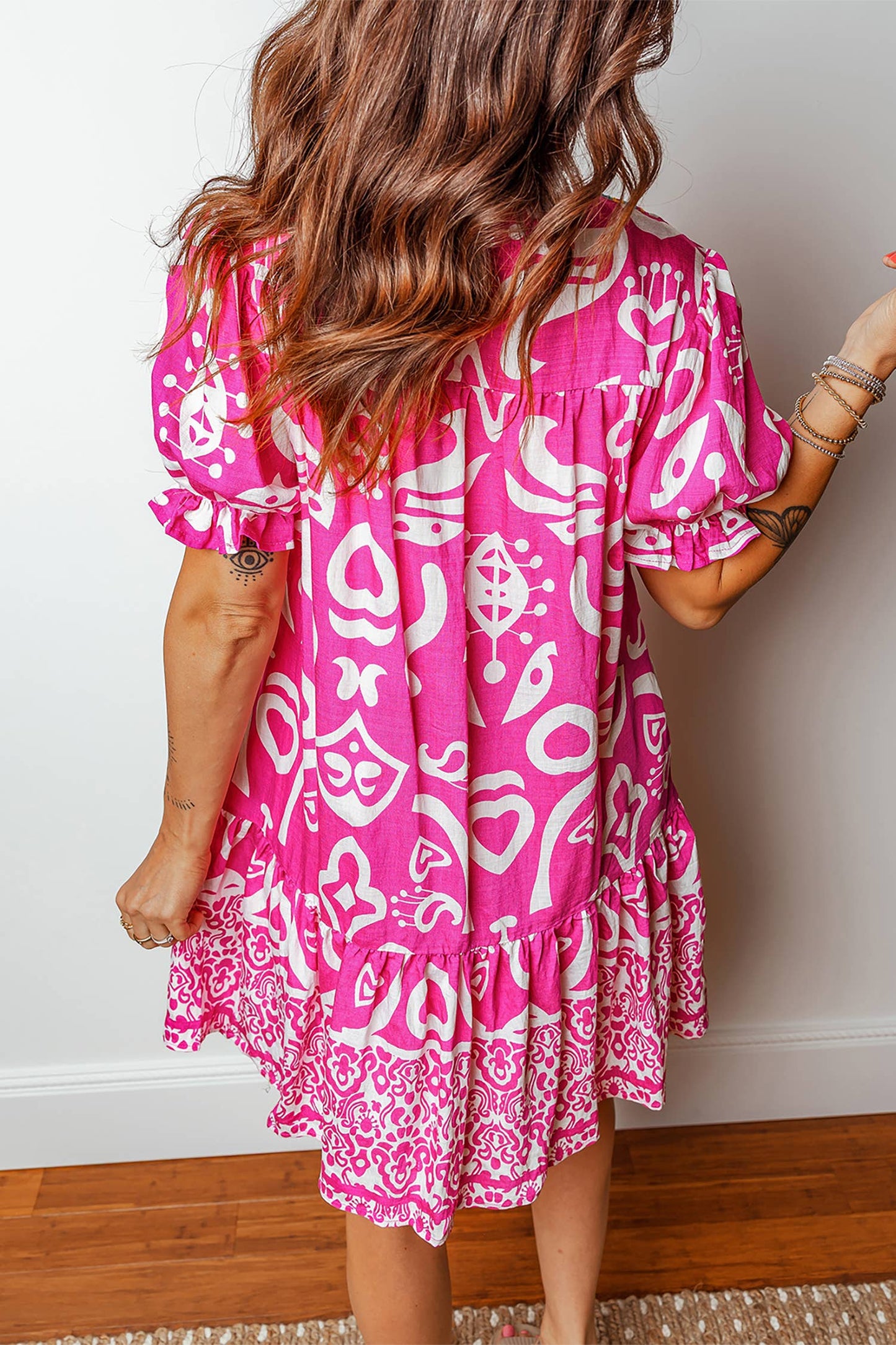 Boho Mixed Print Contrast Trim V Neck Mini Dress