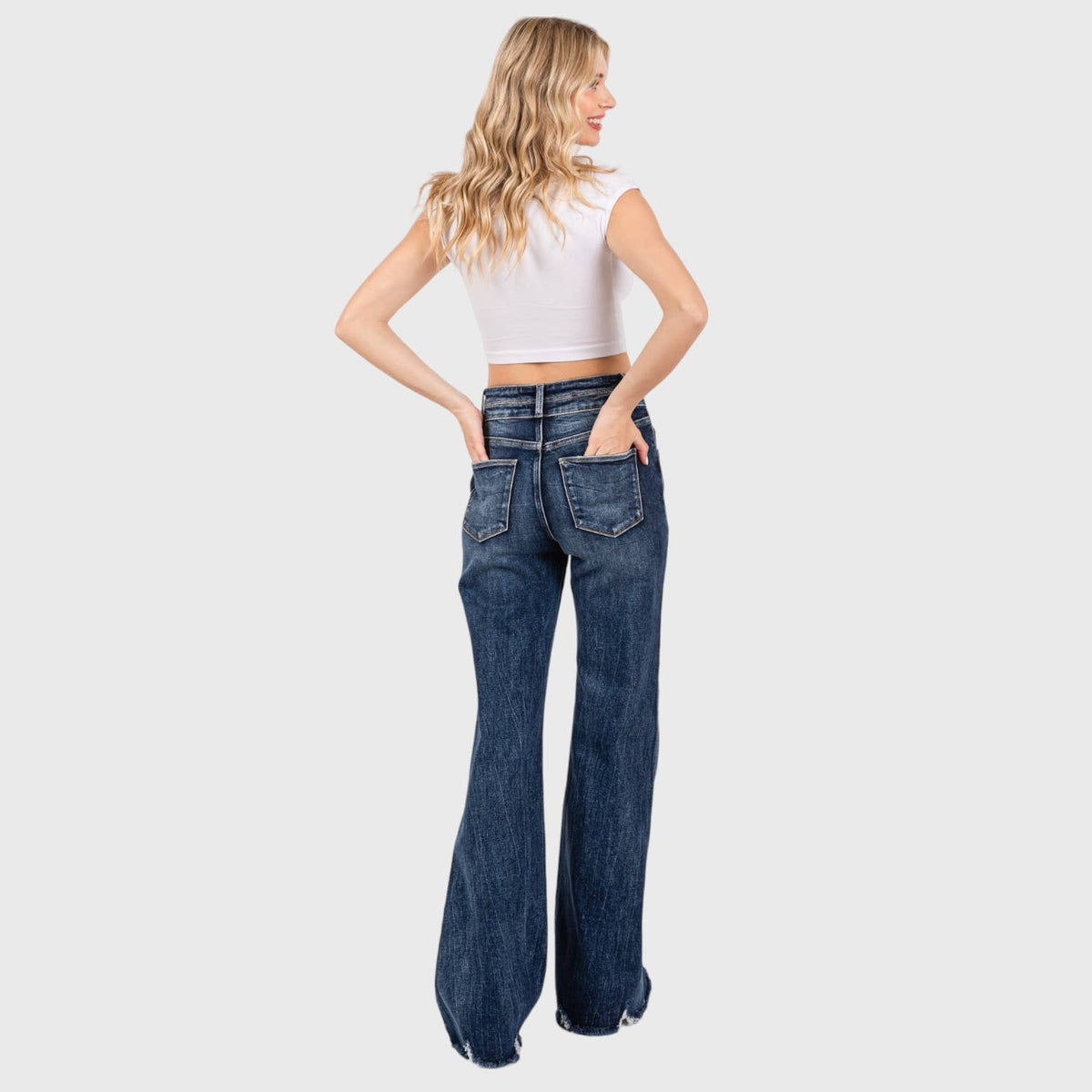 P1153F-DM HIGH RISE STRETCH  WIDE LEG FLARE W/ FRAYED HEM: #2