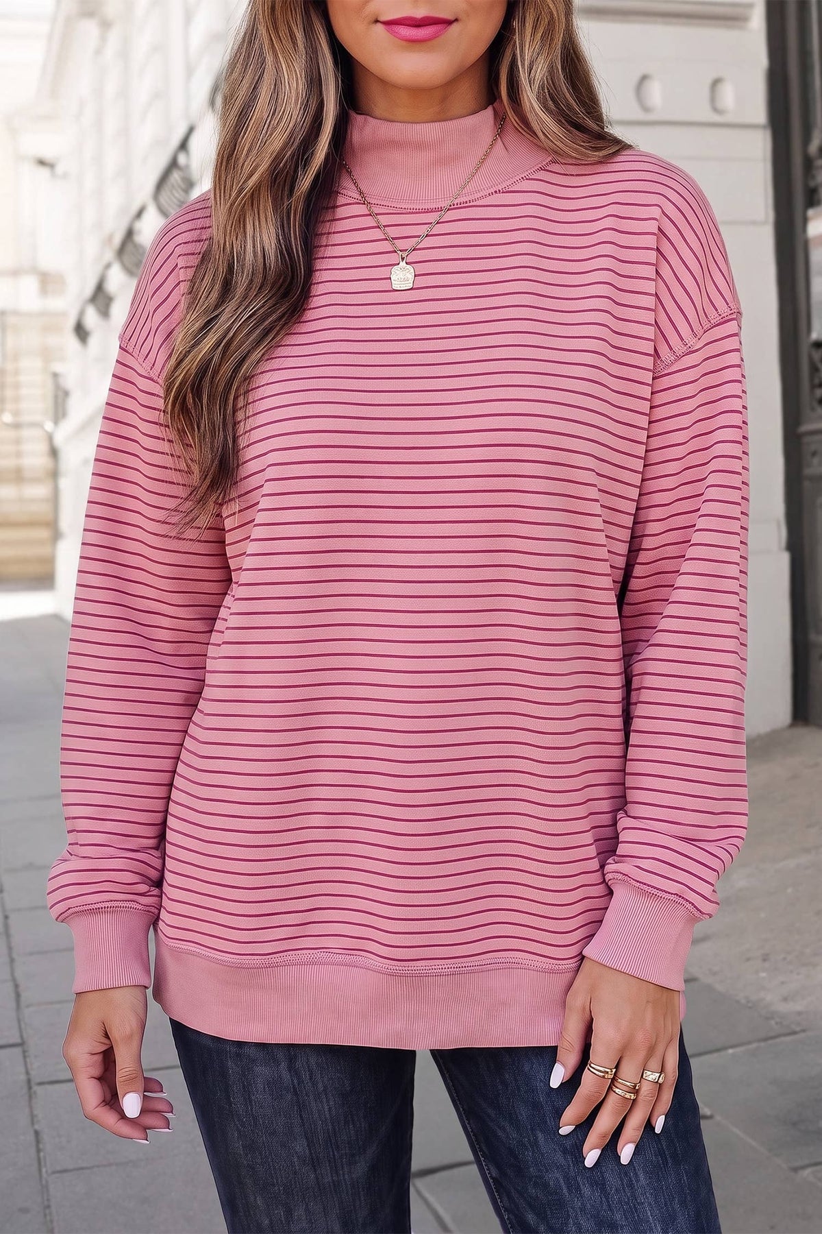 Striped Mock Neck Oversized Sweatshirt | S-XL : Green Stripe / XL
