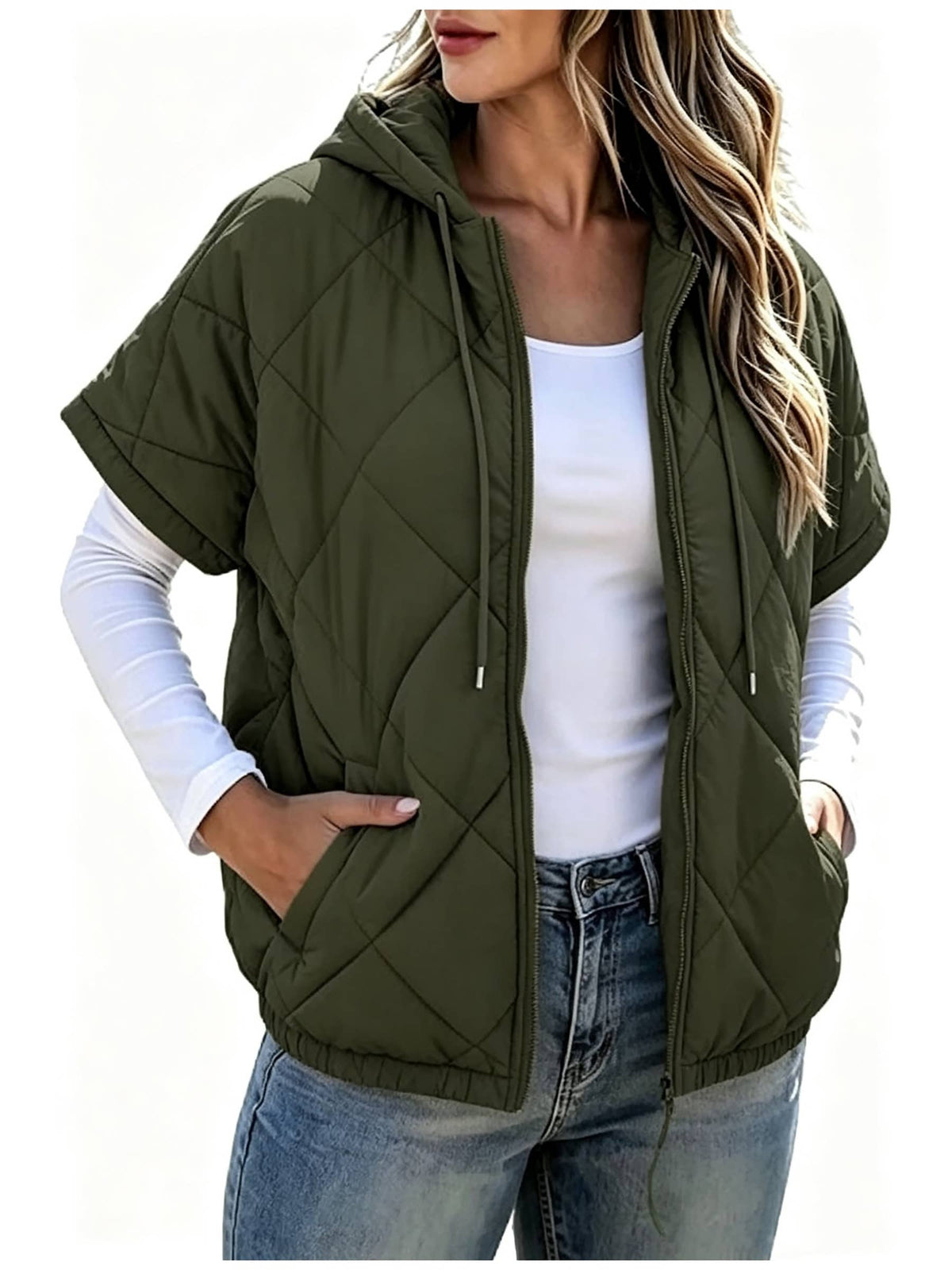 Diamond Quilted Hooded Puffer Vest for Women Fall Winter: Army Green