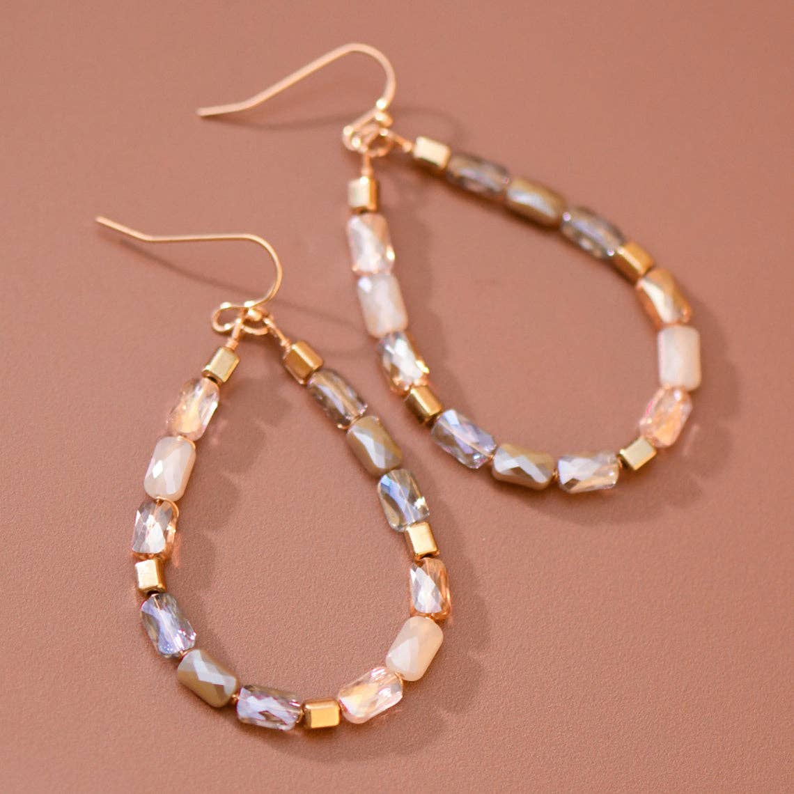 Teardrop Wire Beaded Glass Crystal Earrings - 8180: S0OX3T8180 Neutral Mix