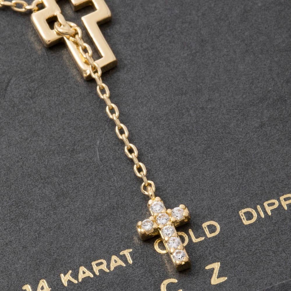 Sterling Silver Dipped Cz Double Cross Y Necklace: GD