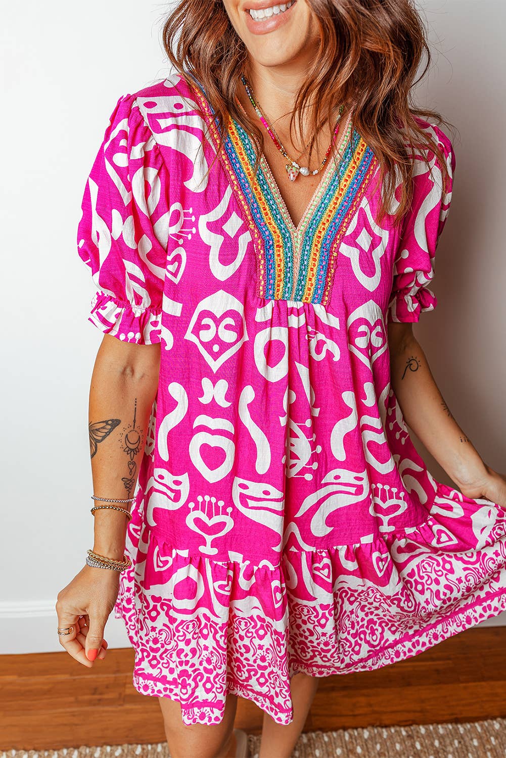 Boho Mixed Print Contrast Trim V Neck Mini Dress