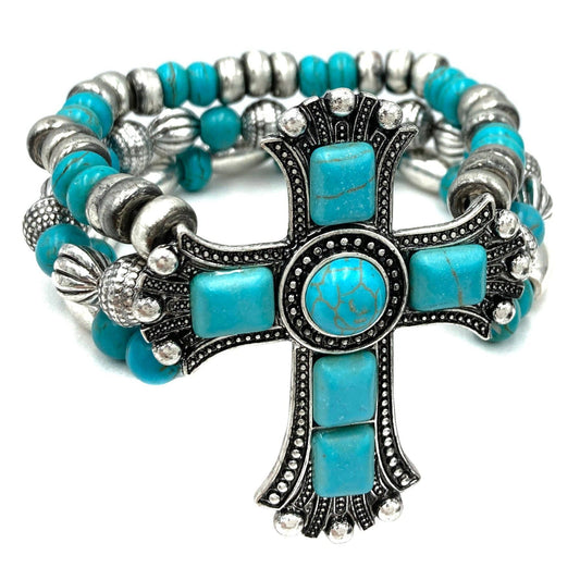 Large Cross Turquoise Stone Western Chunky Beaded Bracelet: Turquoise