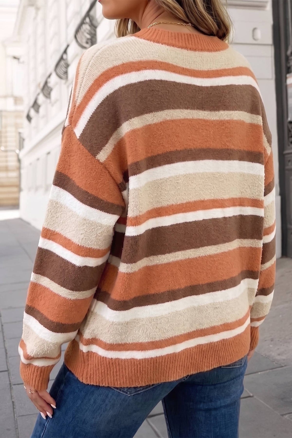 Stripe Dropped Shoulder Loose Pullover Sweater | S-XL: Orange Stripe