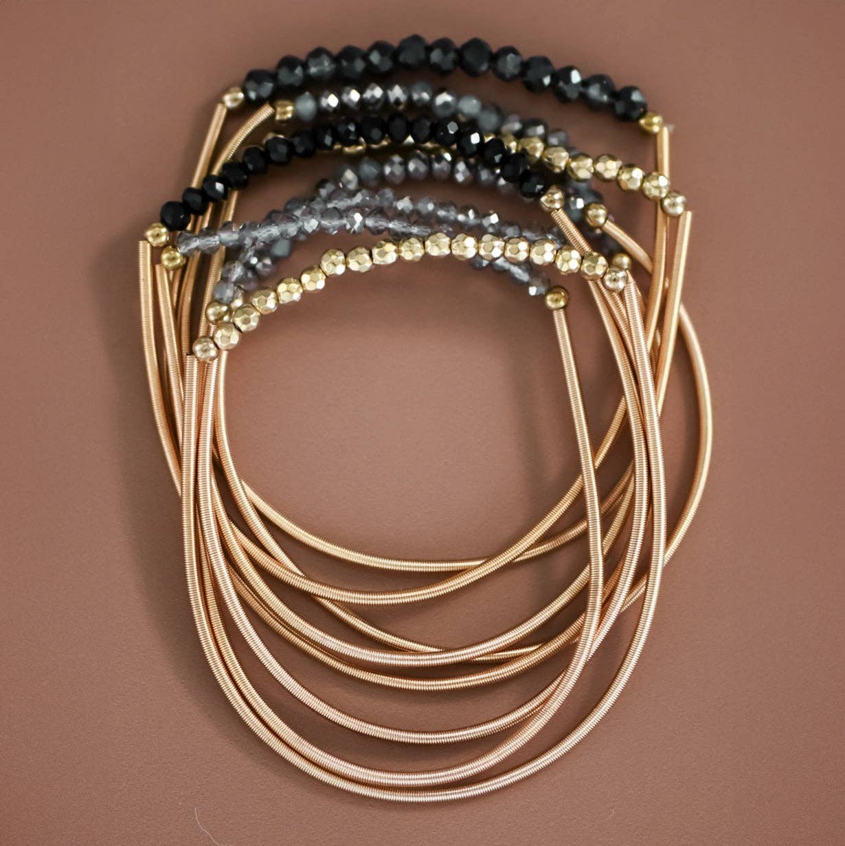 Boho Layered Spring Coil Guitar String Bracelet Set - 6962: S0OX3T6962 Black Set