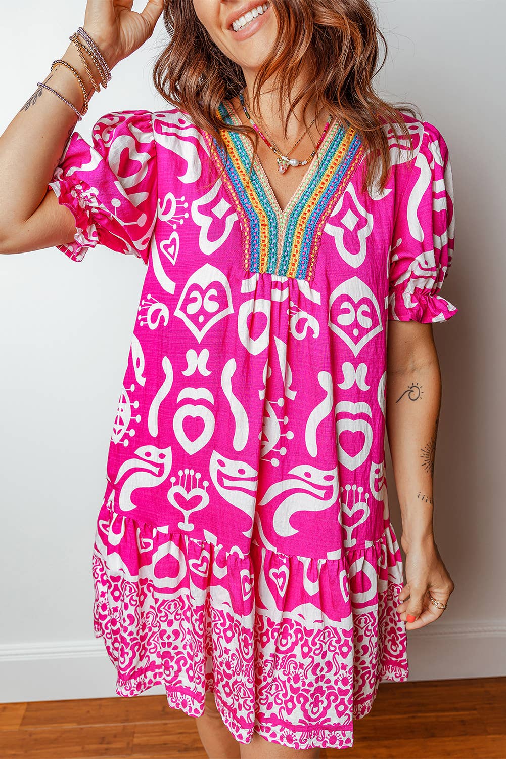 Boho Mixed Print Contrast Trim V Neck Mini Dress