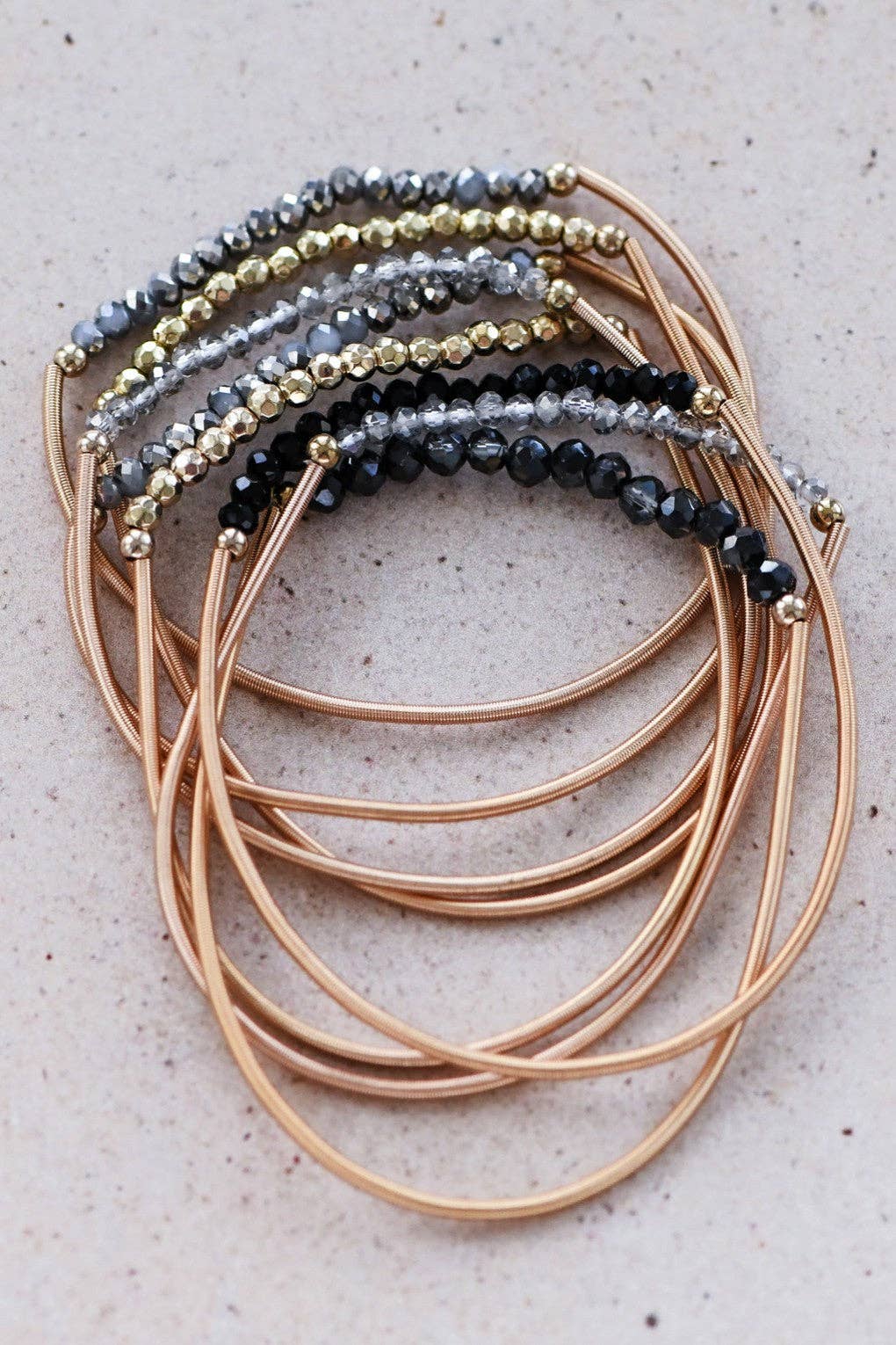 Boho Layered Spring Coil Guitar String Bracelet Set - 6962: S0OX3T6962 Black Set