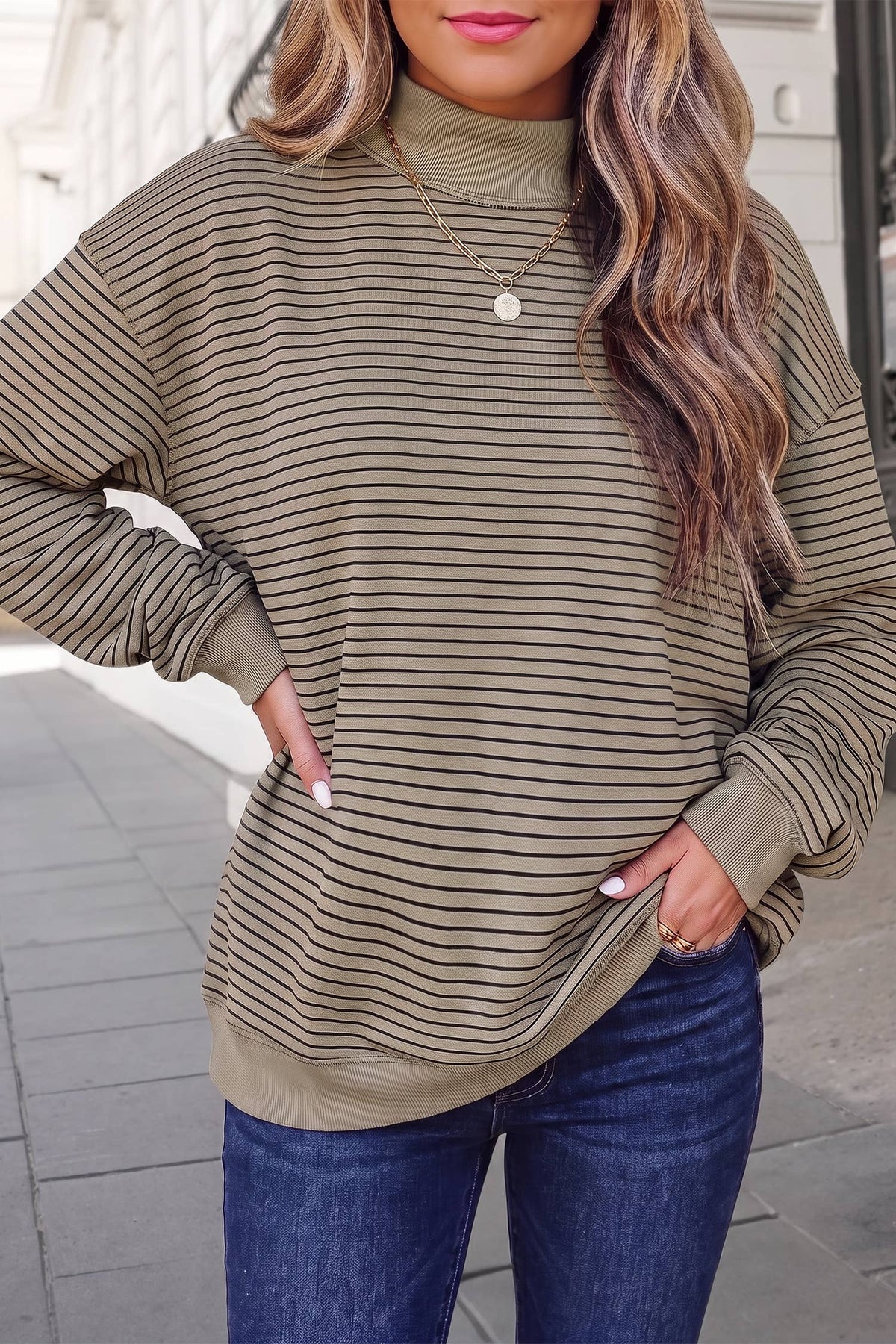 Striped Mock Neck Oversized Sweatshirt | S-XL : Green Stripe / L