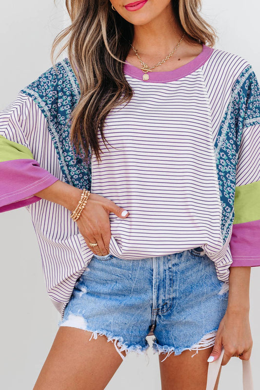 Stripe Floral Raw Edge Patchwork Bracelet Sleeve Top