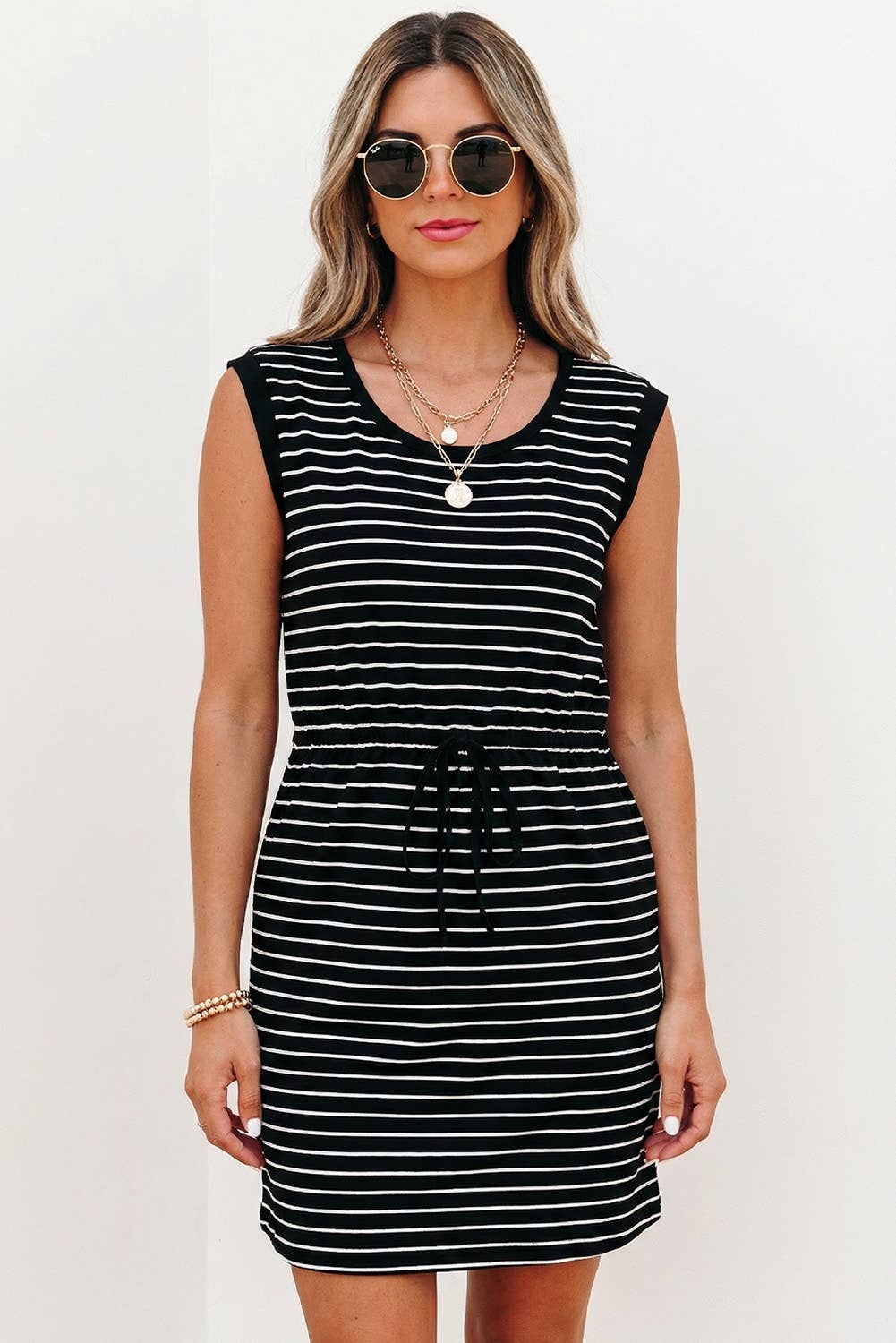 Stripe Drawstring Tunic Tank Mini Dress