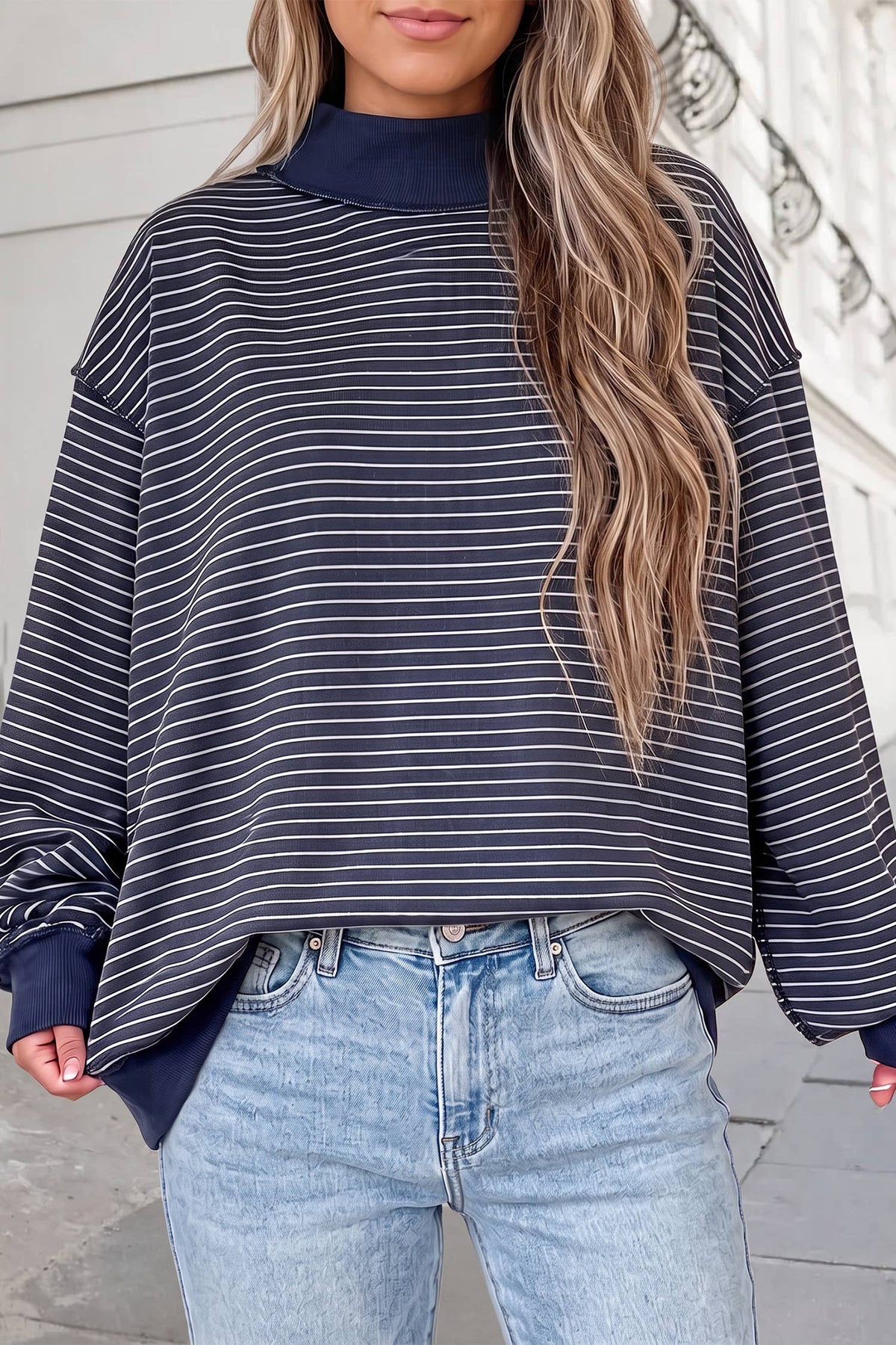 Striped Mock Neck Oversized Sweatshirt | S-XL : Green Stripe / M