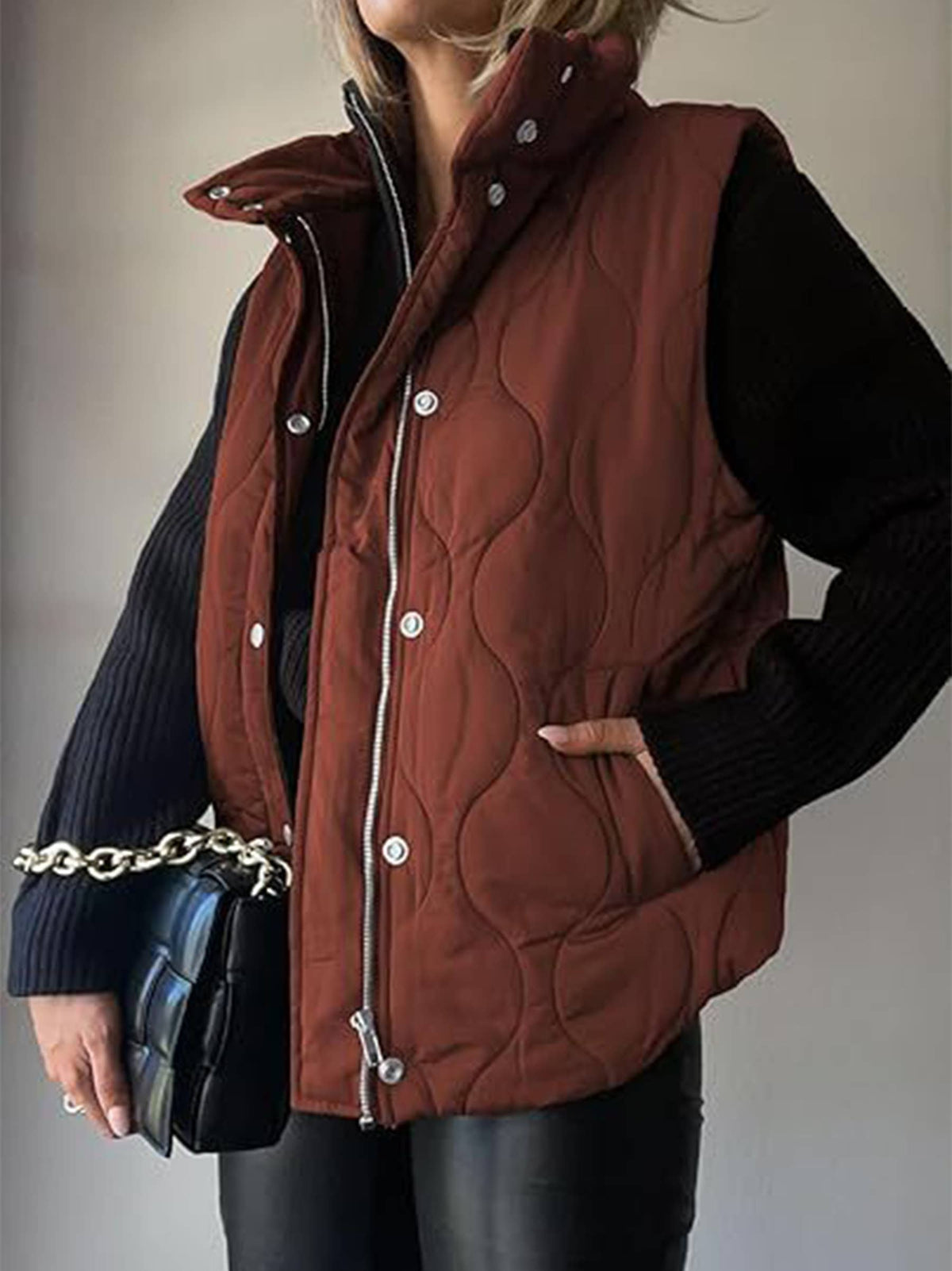 Casual Solid Color Sleeveless Cotton Vest: Brown