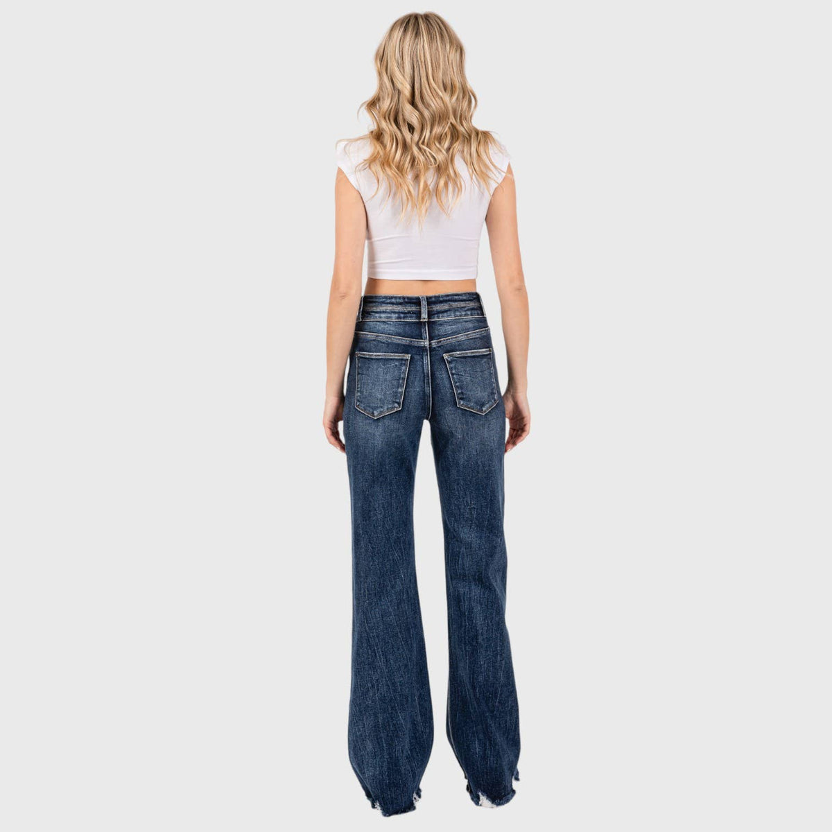 P1153F-DM HIGH RISE STRETCH  WIDE LEG FLARE W/ FRAYED HEM: #2