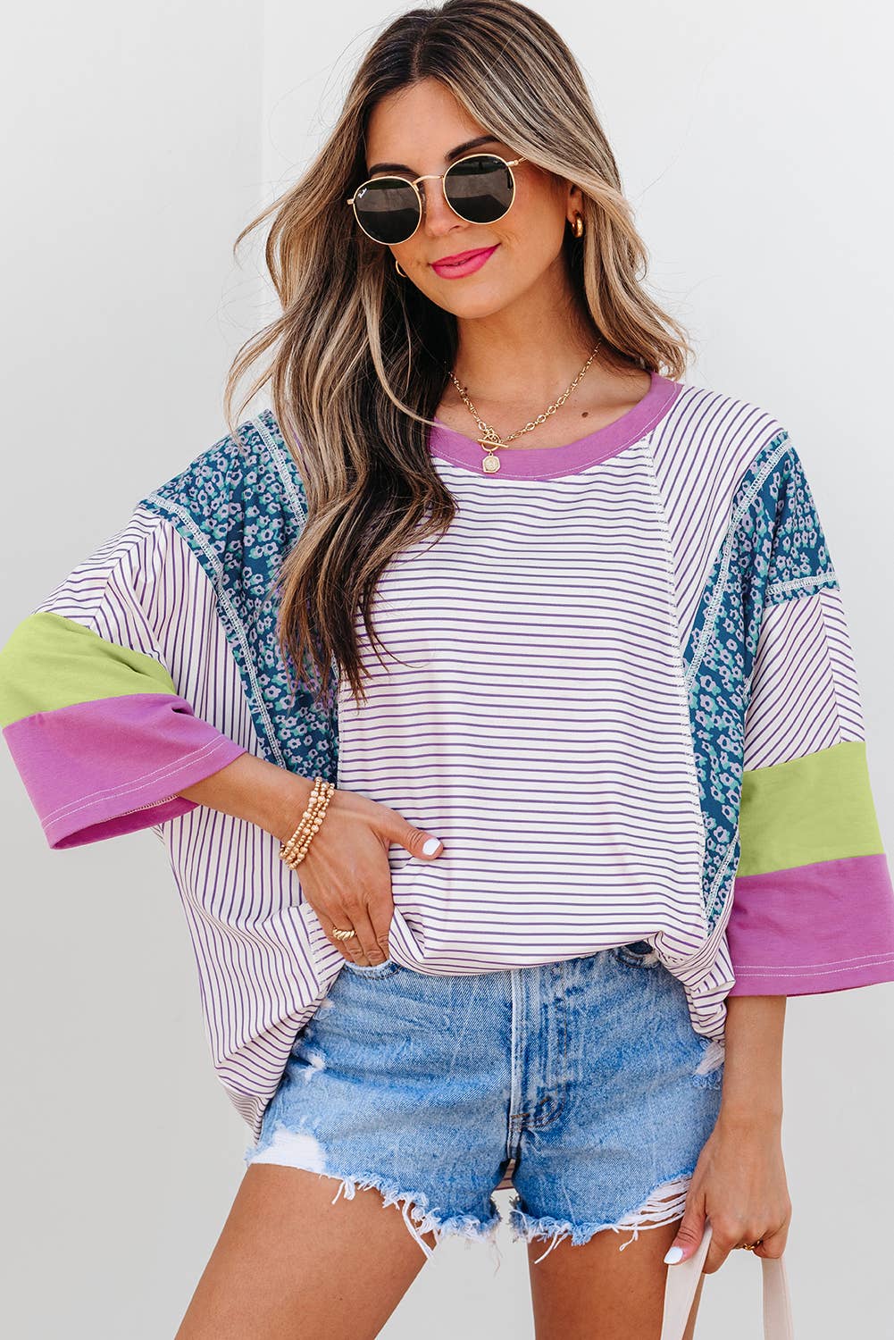 Stripe Floral Raw Edge Patchwork Bracelet Sleeve Top